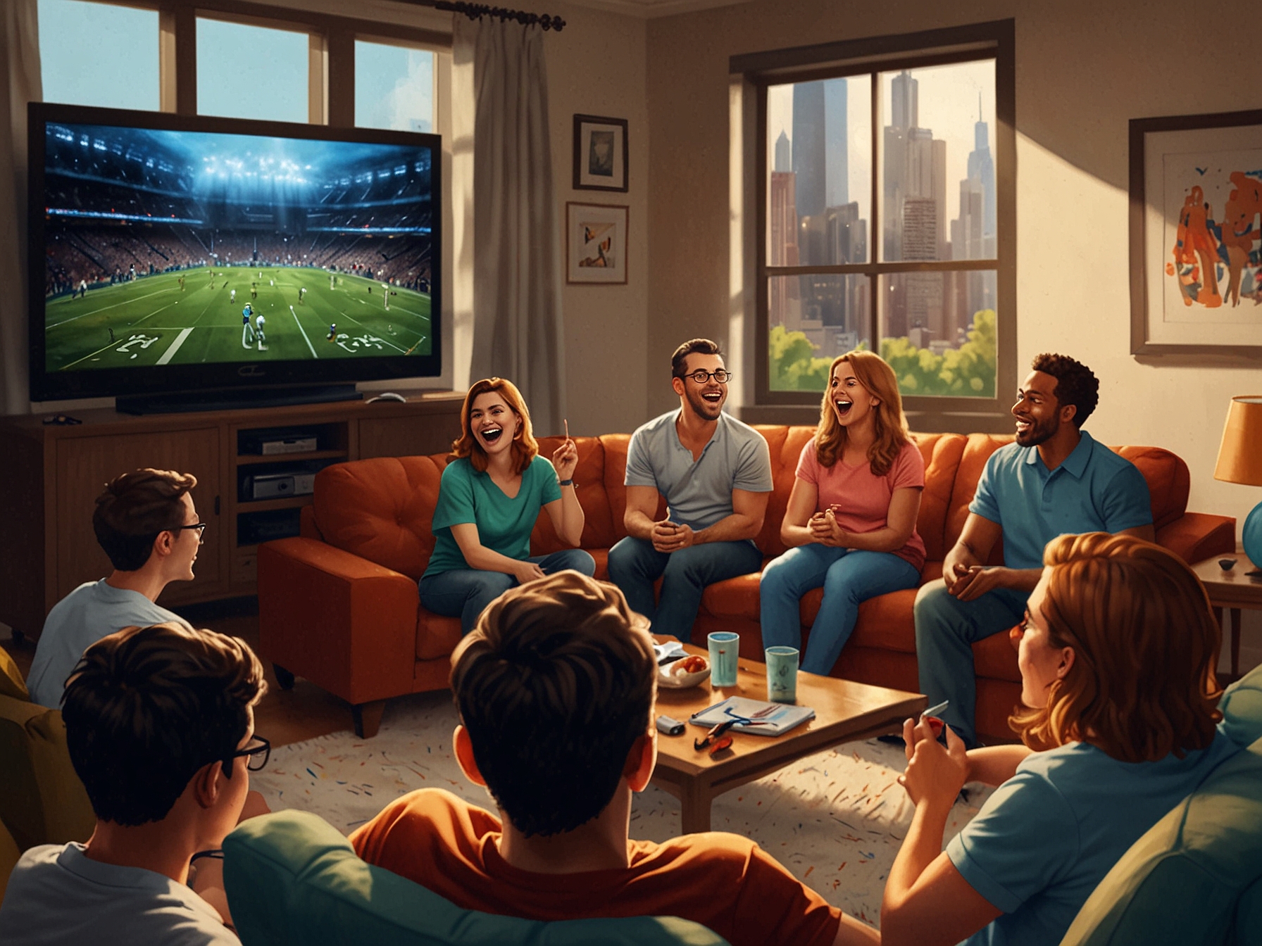 A vibrant scene in a living room where families and friends gather excitedly, eyes glued to the TV screen, cheering for their favorite Chicago teams during a live game broadcast.