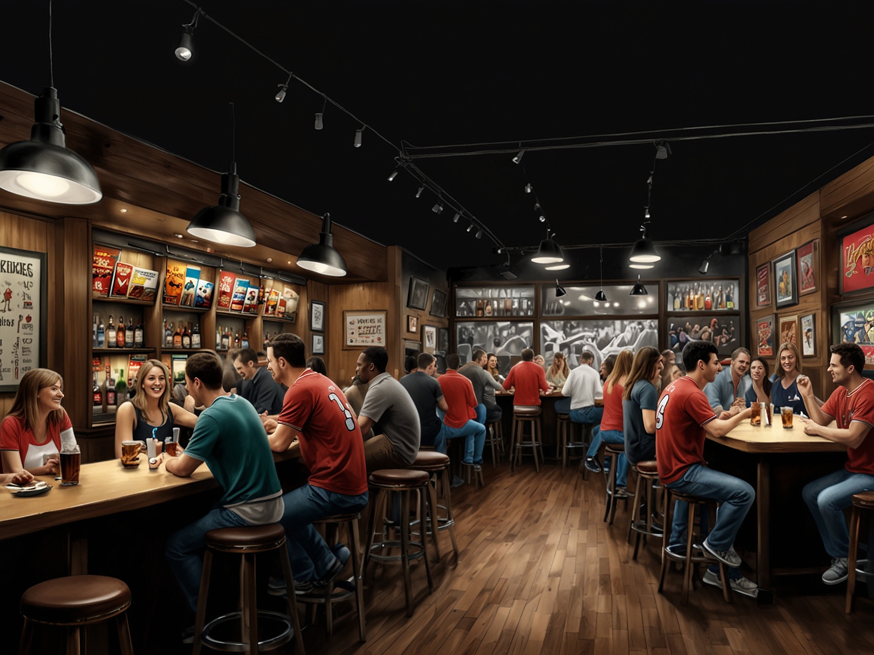 An exterior view of a bustling sports bar filled with enthusiastic fans wearing team jerseys, celebrating a game night as the Chicago Bulls and Blackhawks take center stage on big screens.