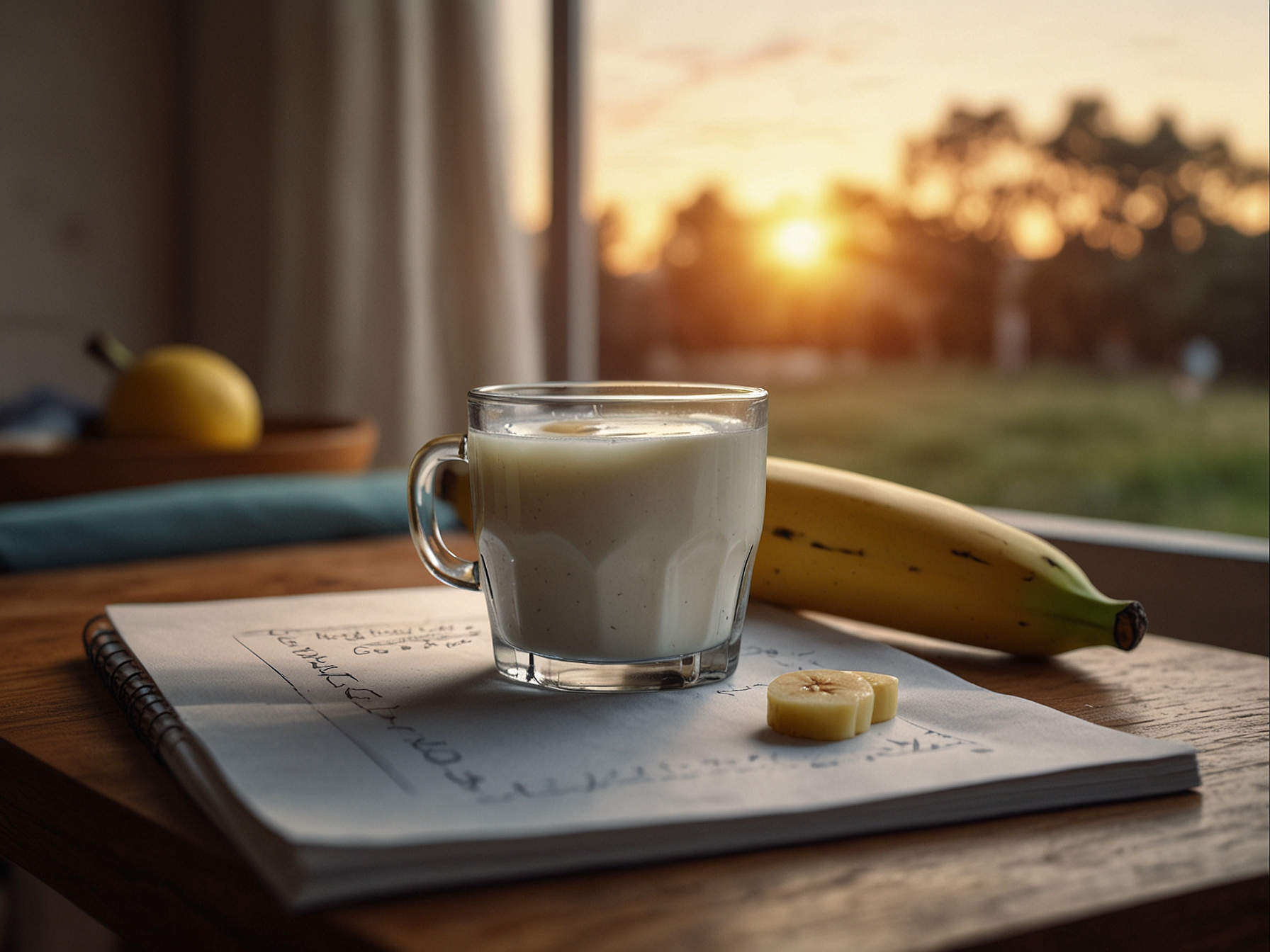 A cozy setting featuring a warm glass of milk and a ripe banana on a table, symbolizing a calming bedtime routine to promote health and relaxation.