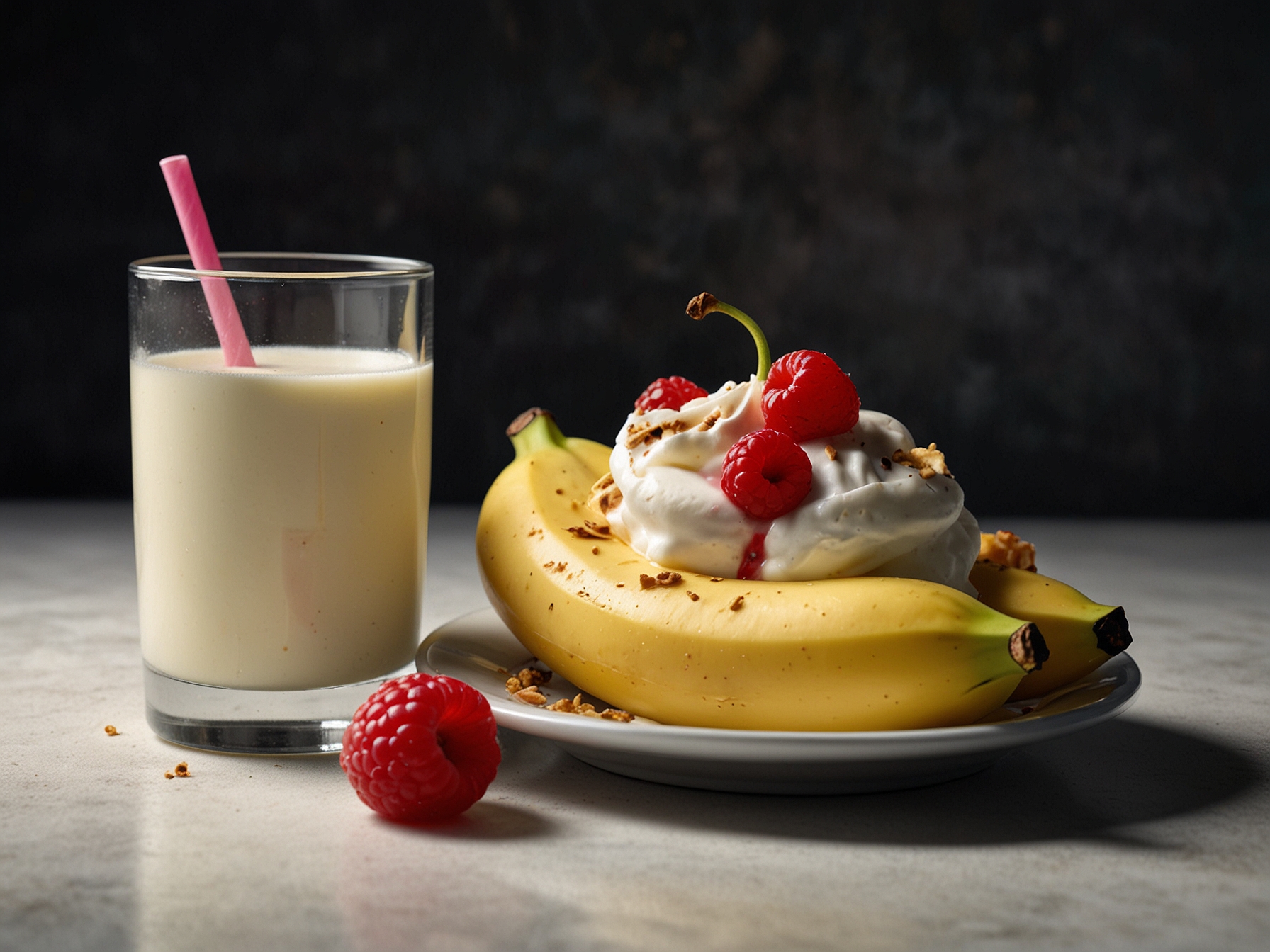 A close-up of a banana split open next to a glass of milk, emphasizing the wholesome combination of these simple foods that contribute to improved digestion and restful sleep.