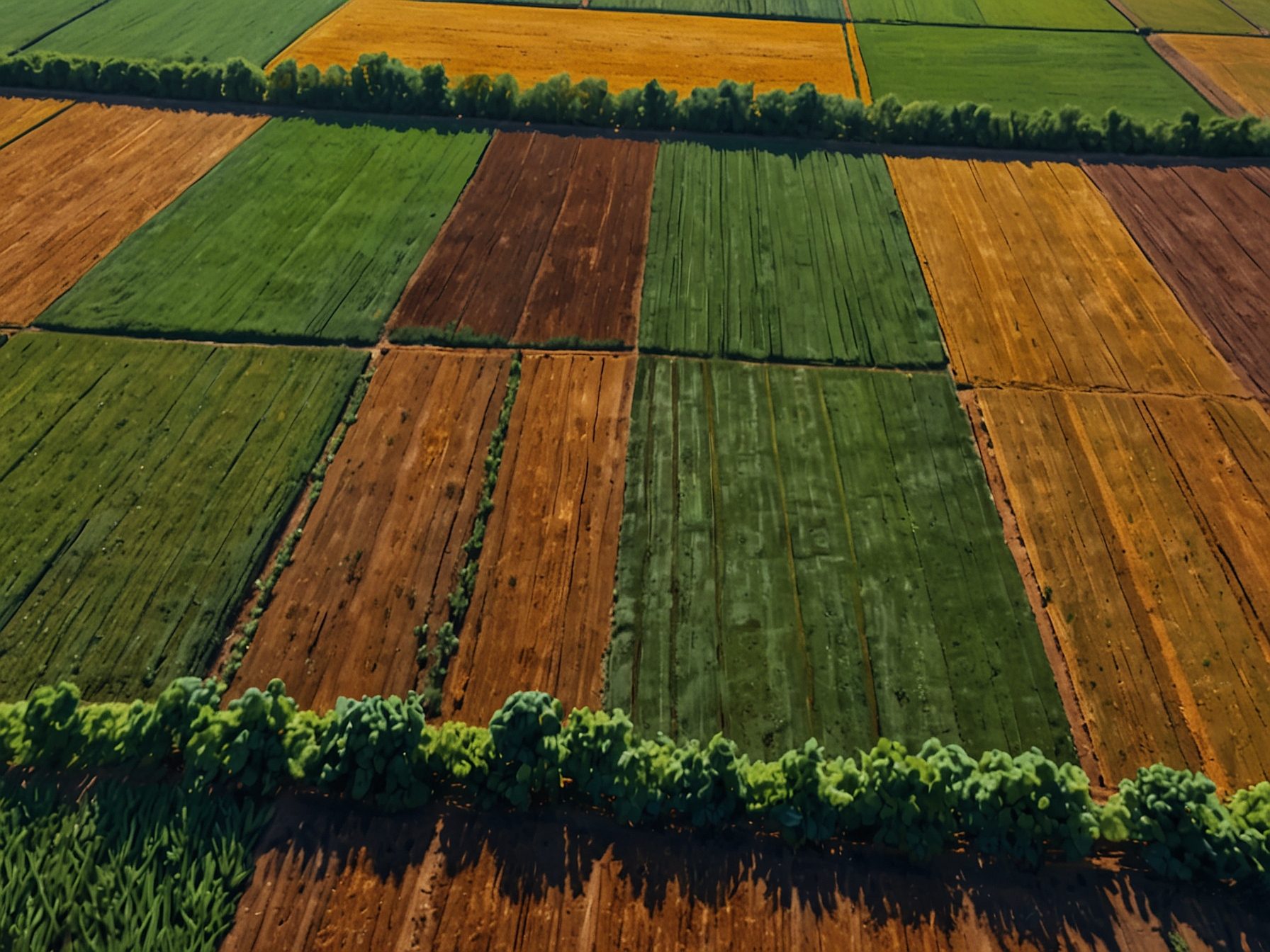 An aerial view of expansive, vibrant agricultural fields showcasing diverse crops thriving under optimal conditions, enhanced by advanced seed coating technologies.