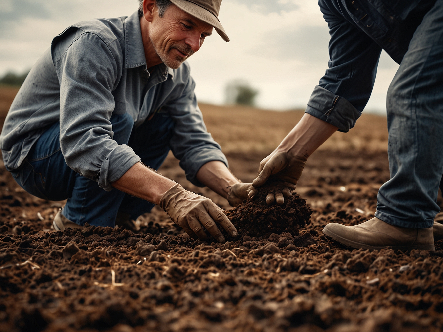 A close-up of a farmer carefully planting coated seeds into rich soil, highlighting the importance of innovation in agriculture for better crop yields and sustainability.