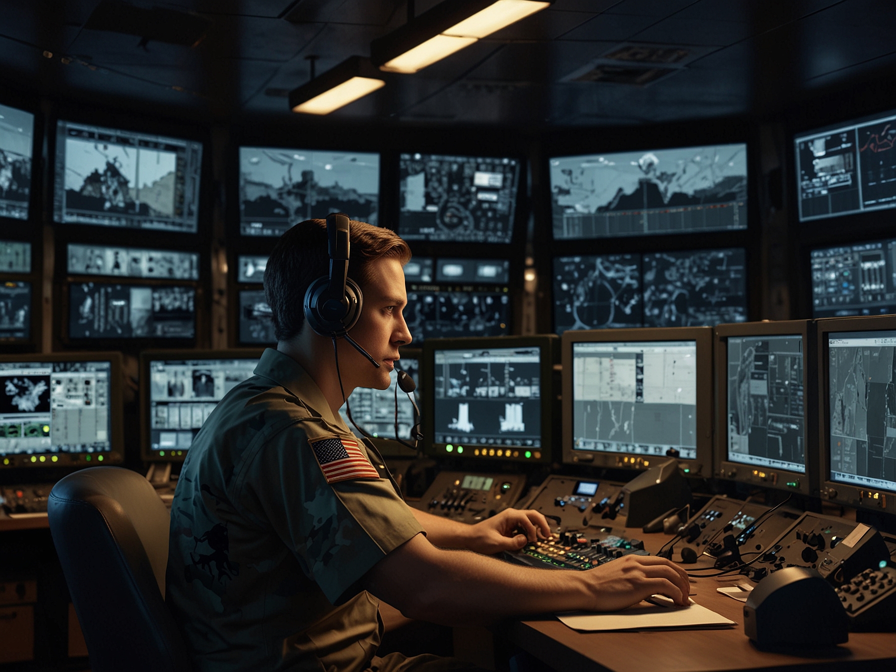 An advanced military command center showcasing the integration of radio over IP technology, illustrating seamless communication between diverse military units in action.