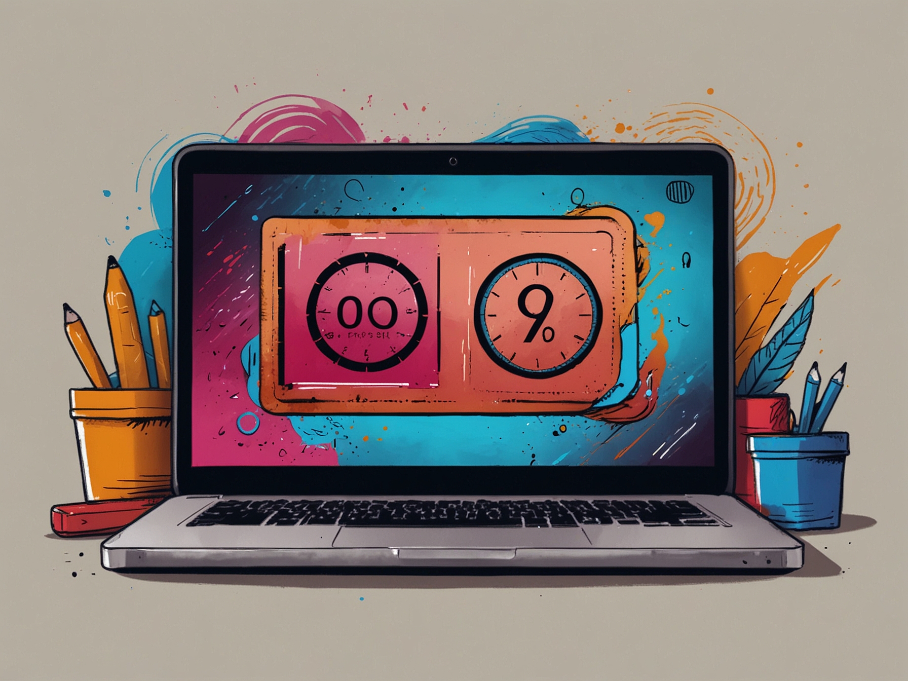 A vibrant graphic depicting a laptop screen showcasing a countdown timer for Prime Day sales alongside popular discounted products, creating a sense of urgency and excitement.