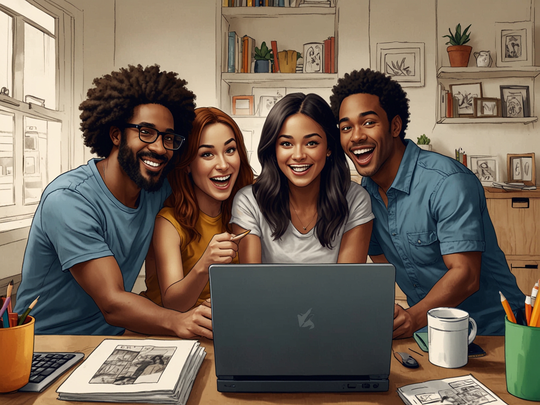 An illustration of a diverse group of friends gathered around a computer, excitedly sharing their favorite items from Amazon, highlighting the fun and teamwork involved in smart shopping.