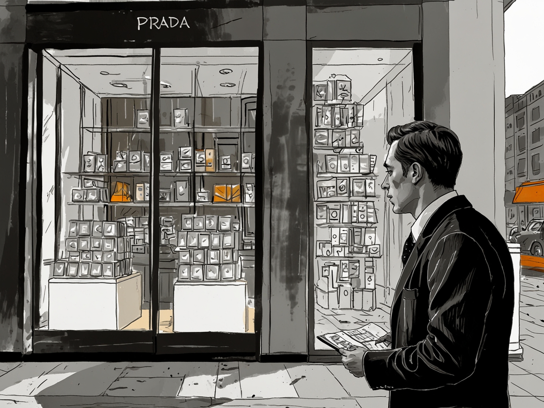 A frustrated small business owner reviewing overdue invoices while looking at a luxury store window displaying products from brands like Prada and Kurt Geiger, symbolizing the inequality in payment practices.