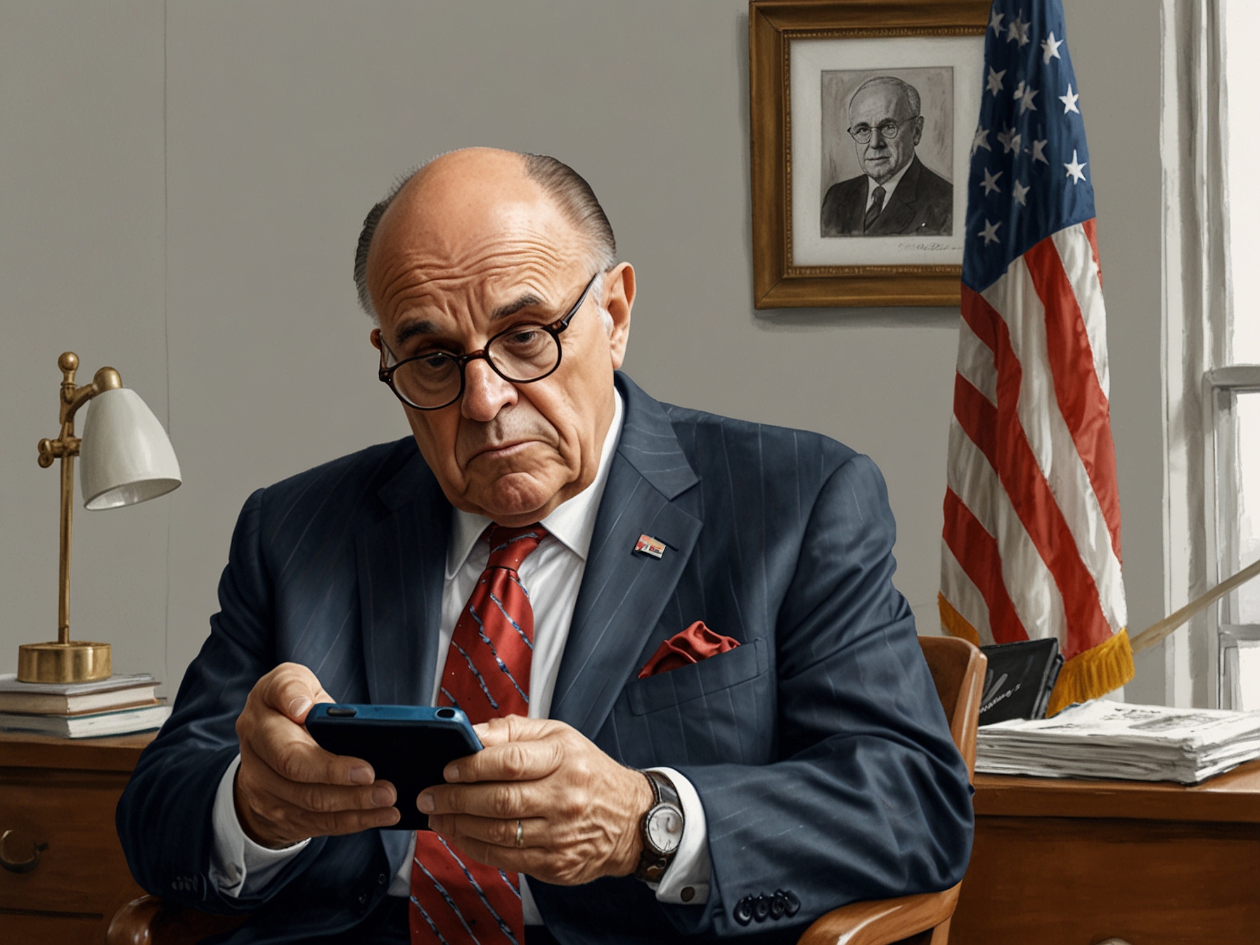 An exasperated Rudy Giuliani looking at his phone, realizing he sent a critical text to the wrong recipient, embodying embarrassment over his political blunders.