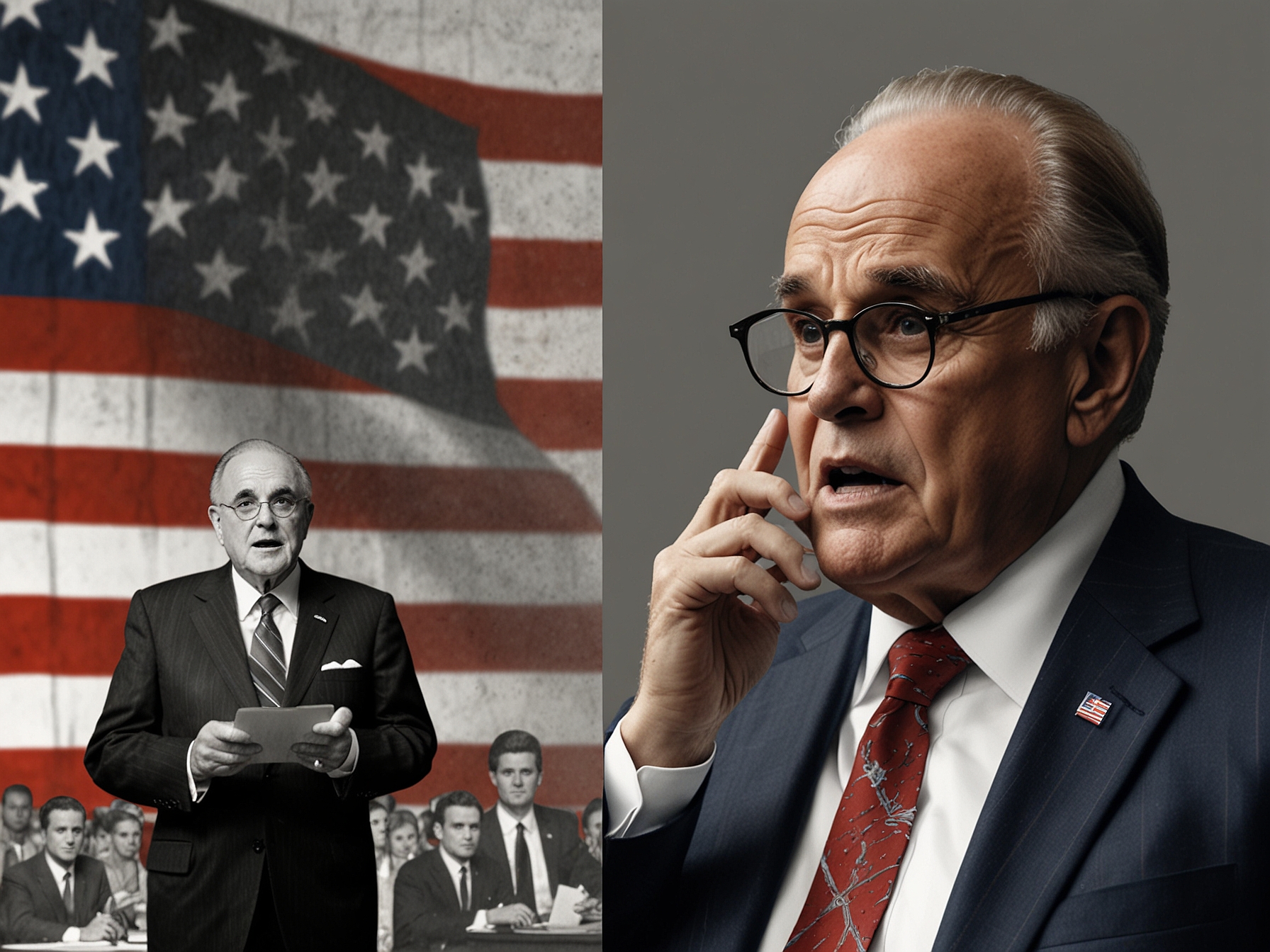 A split-screen image showing Giuliani in his prime as 'America's Mayor' juxtaposed with a confused person receiving his misdirected text about overturning election results.