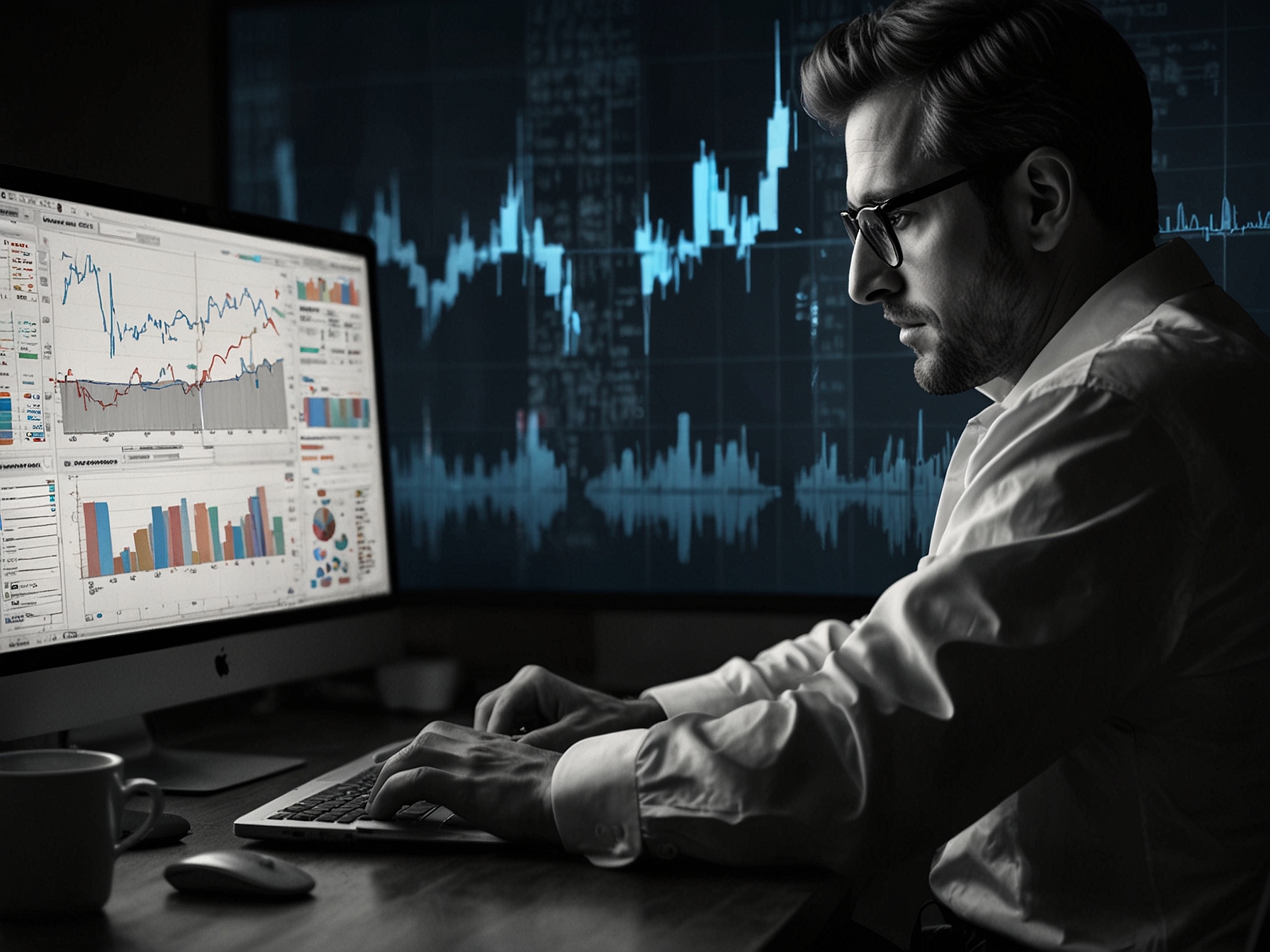 An investor analyzing stock performance graphs on a laptop, symbolizing the complex decisions involved in selecting the best stocks for October 2024.
