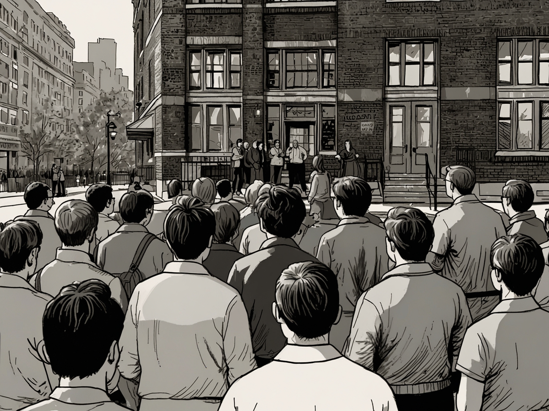 A concerned group of parents and teachers gather outside a NYC school, discussing the recent changes in education leadership and their impact on students' future.