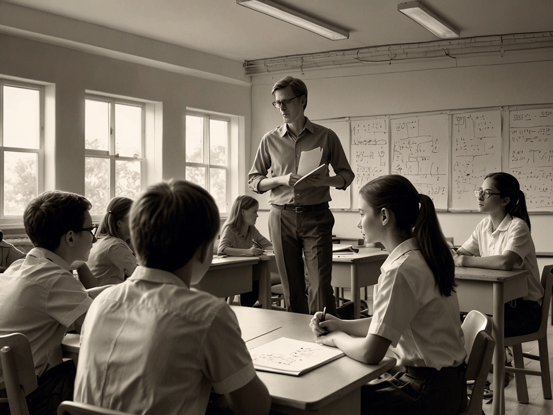 A classroom scene depicting a teacher engaging with students, highlighting the importance of stable leadership in shaping effective learning environments amidst ongoing changes.