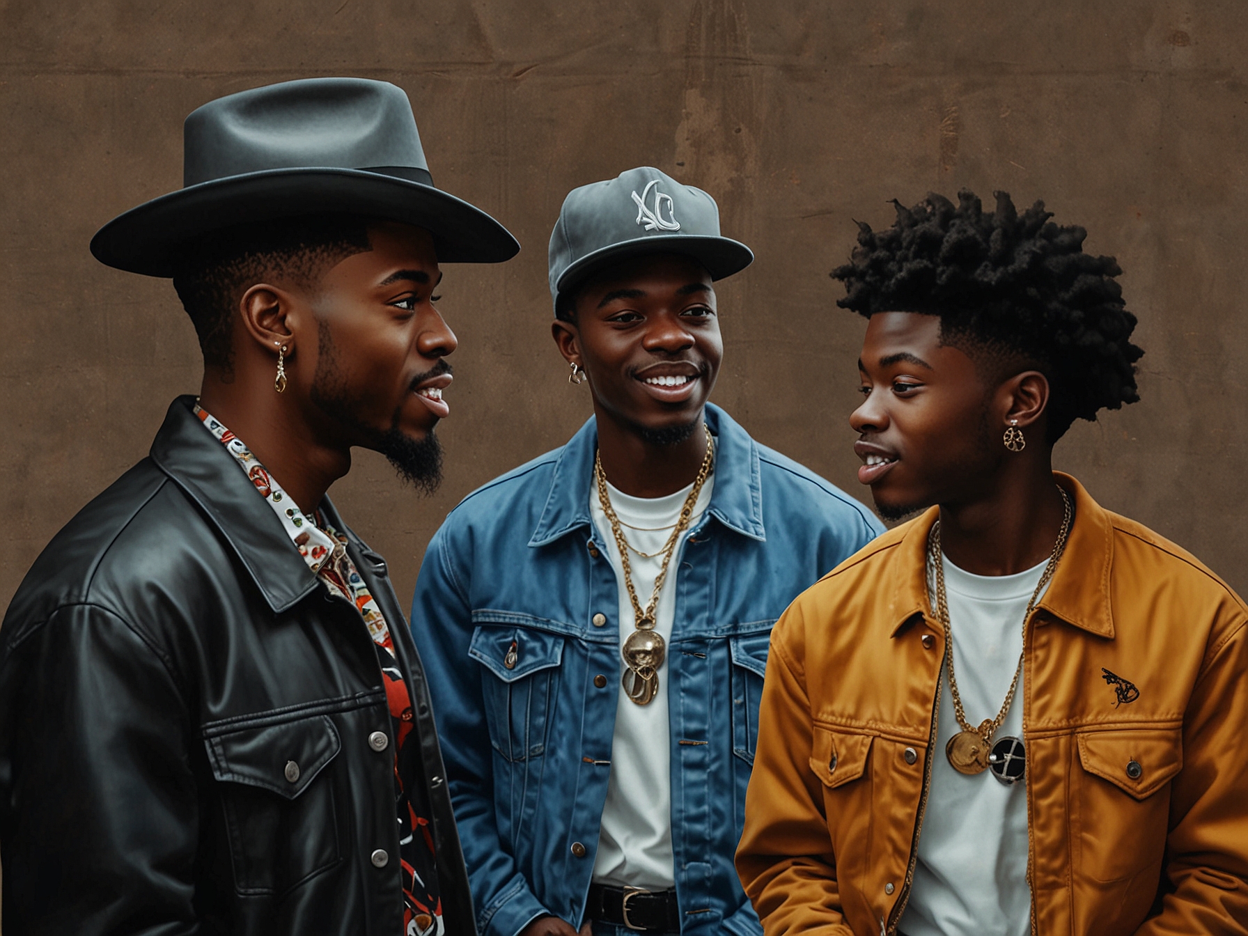 In a dynamic shot, The Kid LAROI, Lil Nas X, and Peso Pluma are engaged in a lively discussion, showcasing the collaboration's rich cultural diversity and contemporary flair.