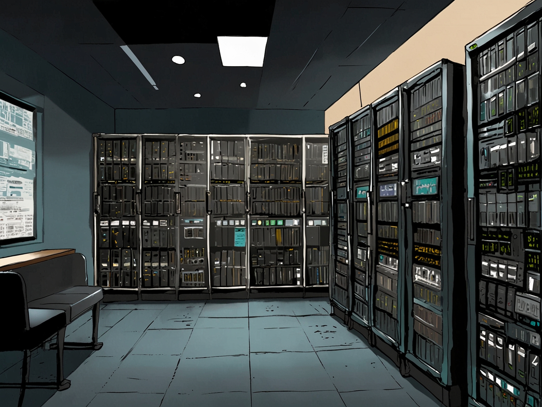 A digital illustration depicts an overwhelming data server, representing the 4,000 terabytes of electronic evidence that prosecutors have to sift through for the trial.