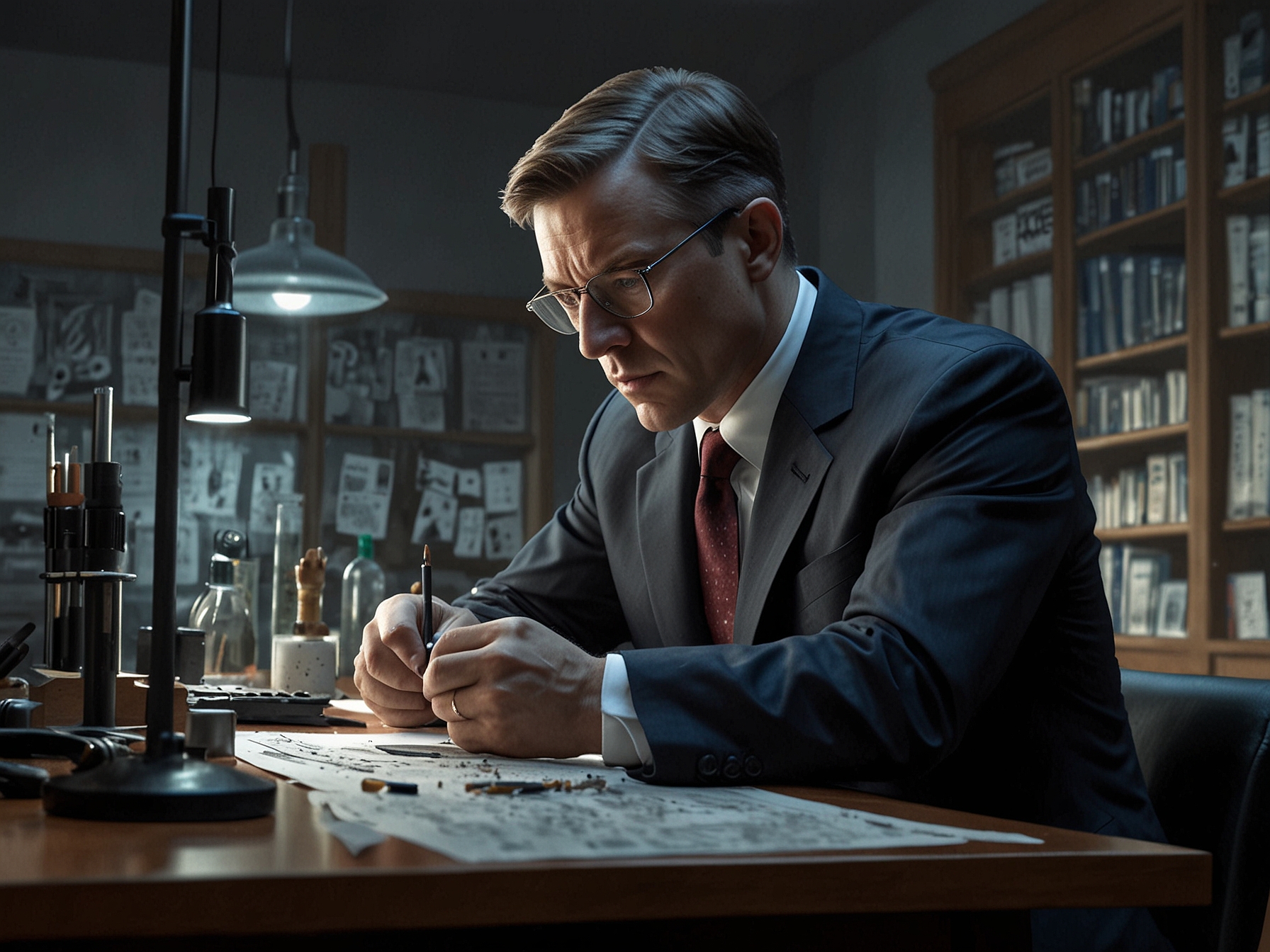 An FBI agent meticulously examining ballistic evidence in a lab setting, emphasizing the forensic tests being conducted in preparation for the high-profile trial.