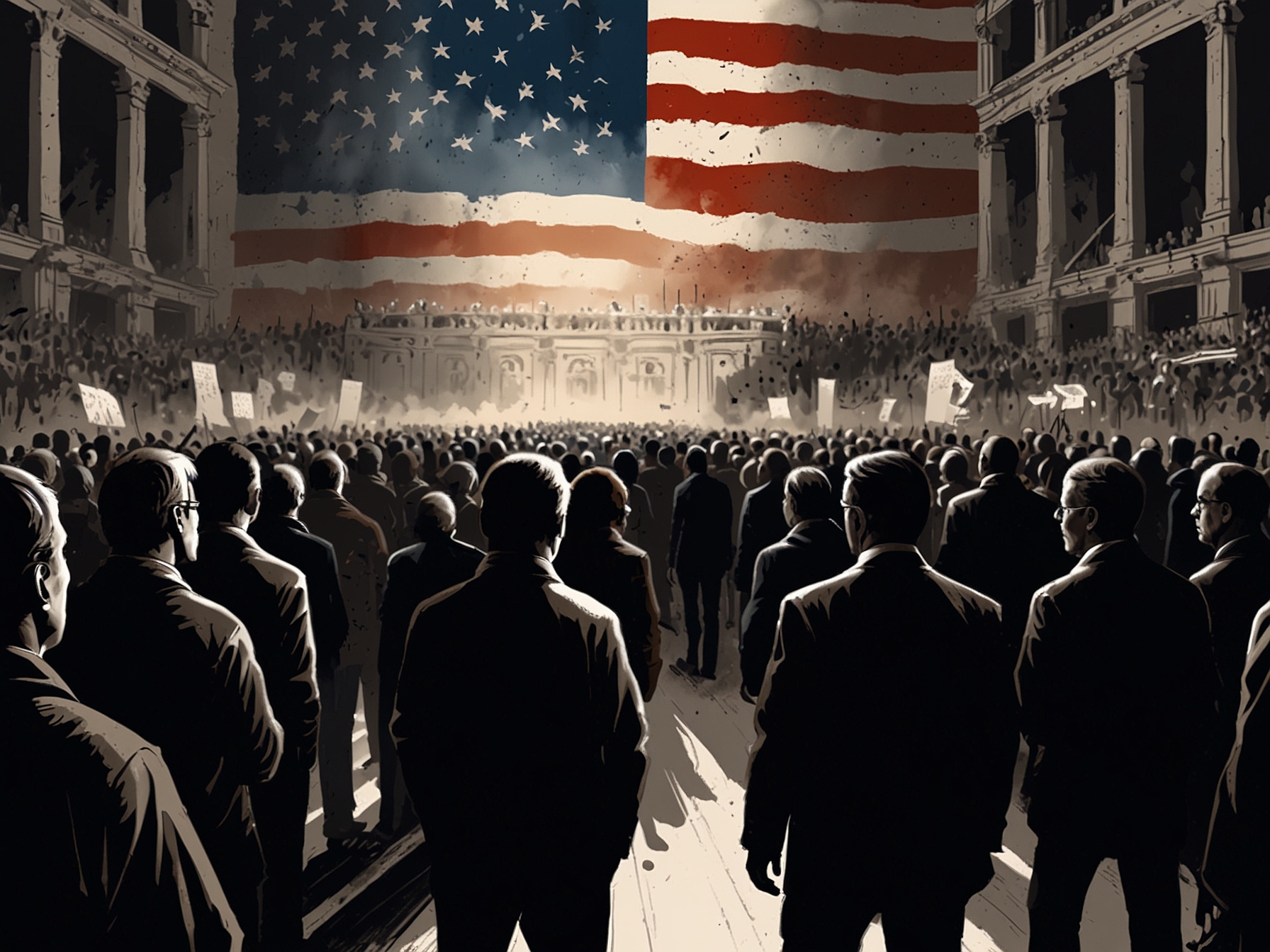A somber rally scene, reflecting public protests and the dangers faced by politicians, with a shadowy outline of a former president in the background.