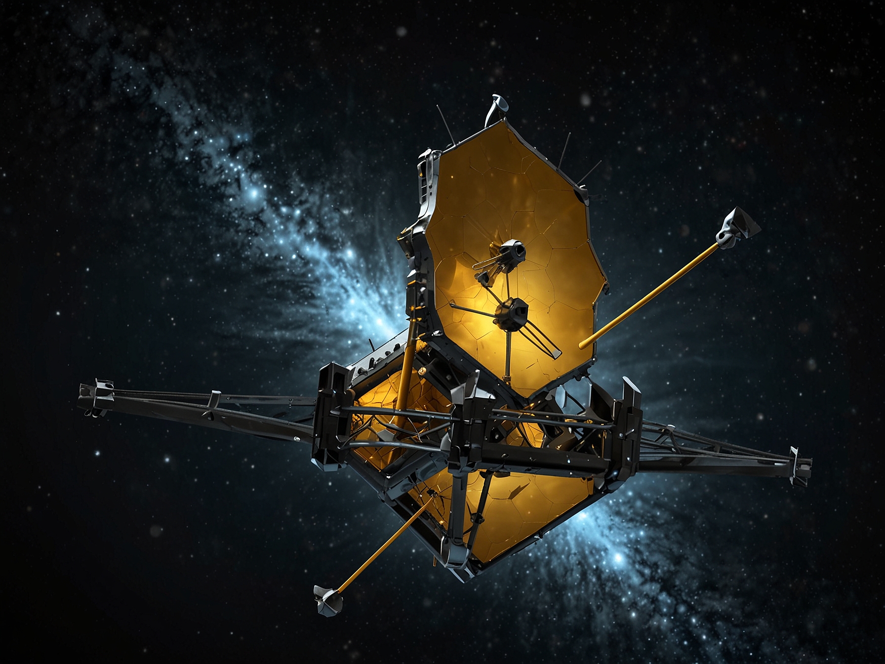 An artistic representation of the James Webb Telescope capturing shimmering jets of icy material blasting from a centaur, illuminating the dark depths of space.
