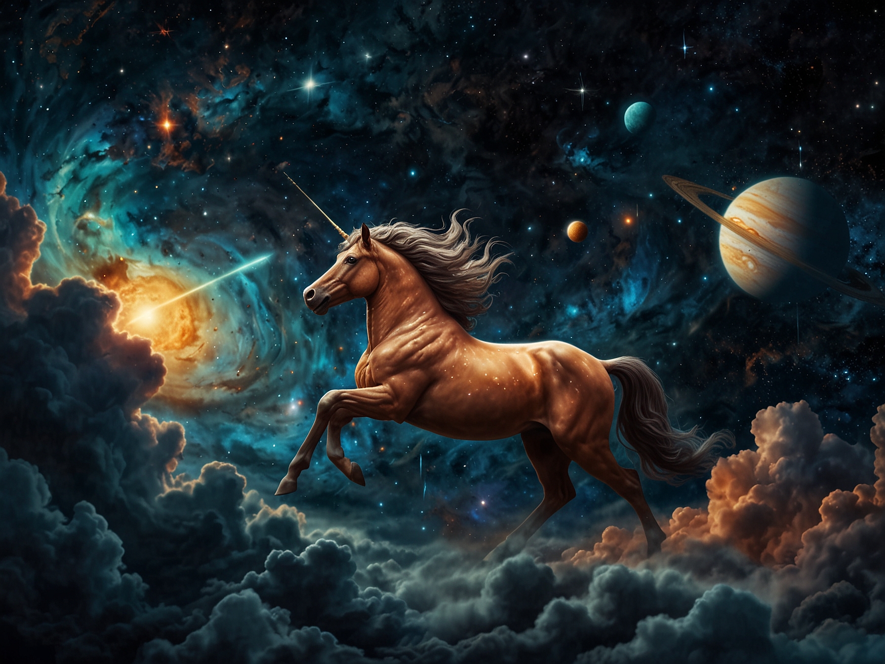 A vivid depiction of the distant solar system showing the centaur amidst swirling cosmic clouds, with its jets glowing like twinkling stars, emphasizing its ancient and mysterious nature.