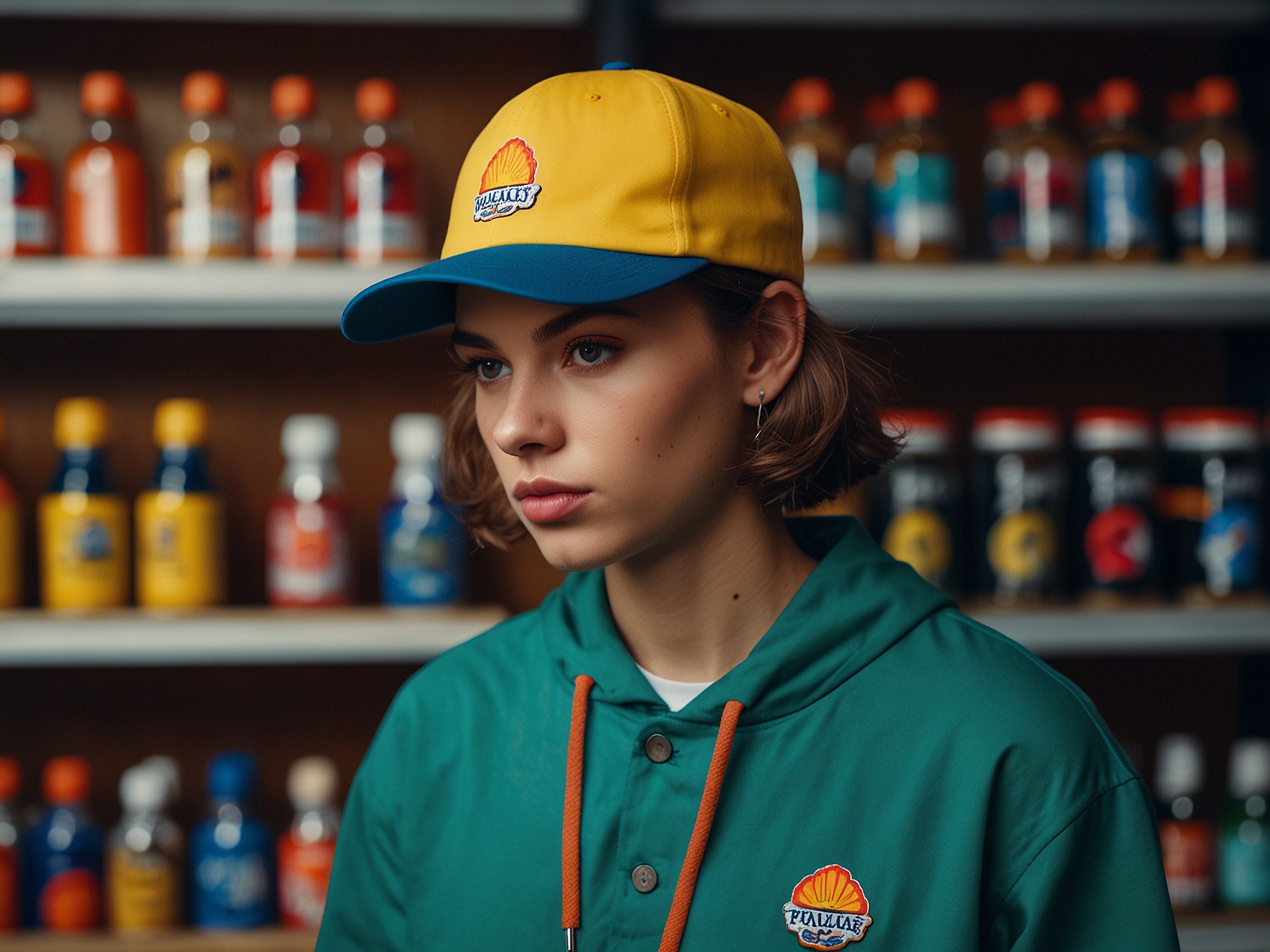 A model wearing the vibrant Shell 6-Panel cap, paired with retro cycling apparel. The playful design and colors exemplify Palace's irreverent approach to streetwear.