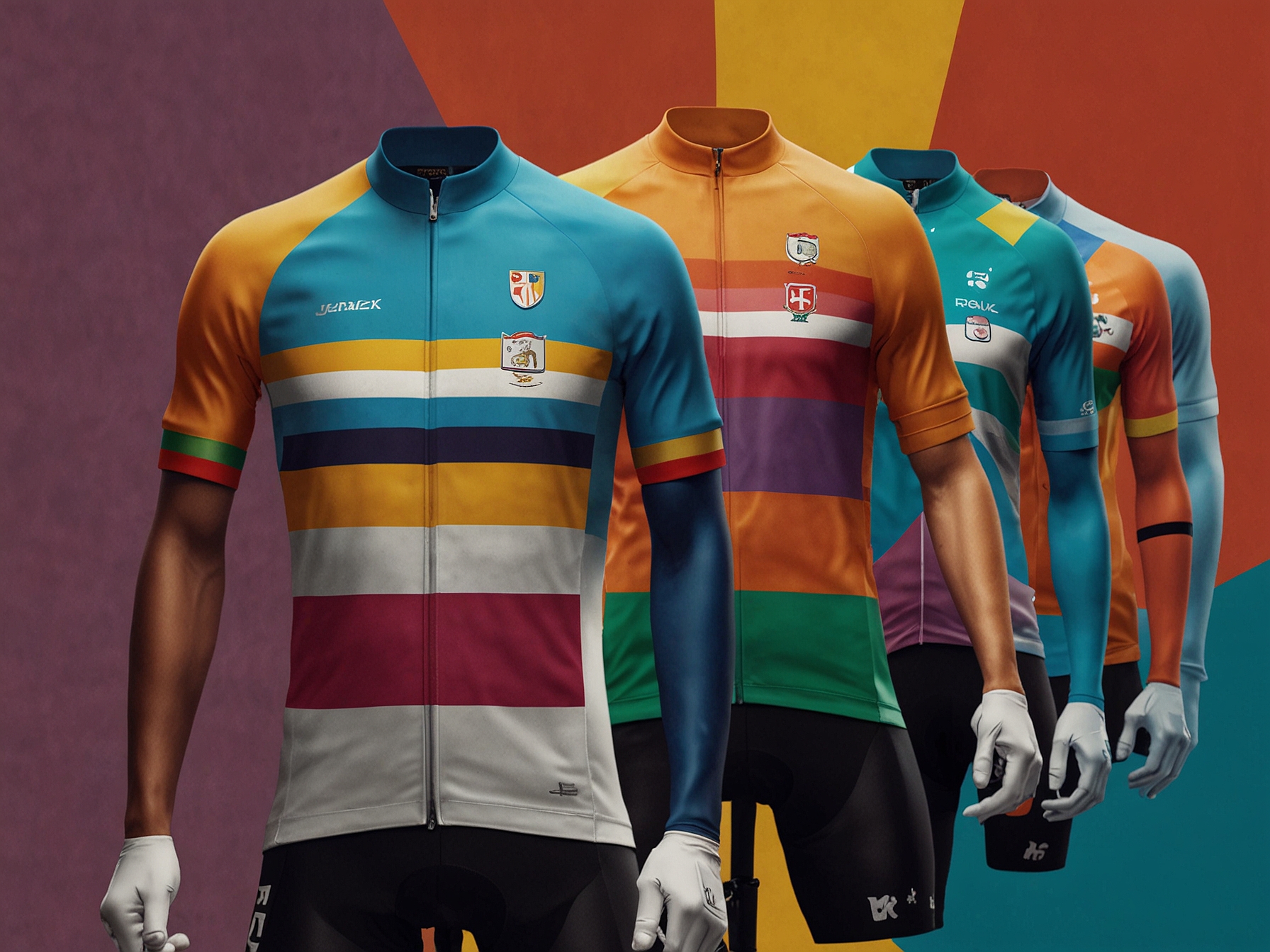 An assortment of the Classico Long and Short Sleeve Jerseys beautifully displayed on a colorful cycling backdrop, showcasing their fresh and fun reimagination.