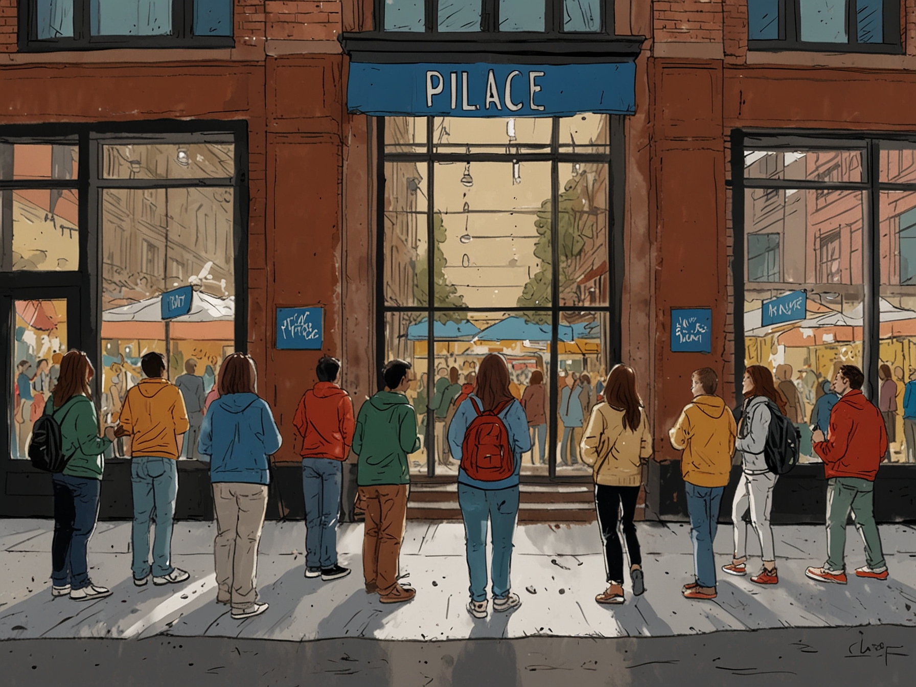 A scene capturing the anticipation of the global drop, featuring excited fans outside Palace stores in New York and LA, ready to explore the new collection.