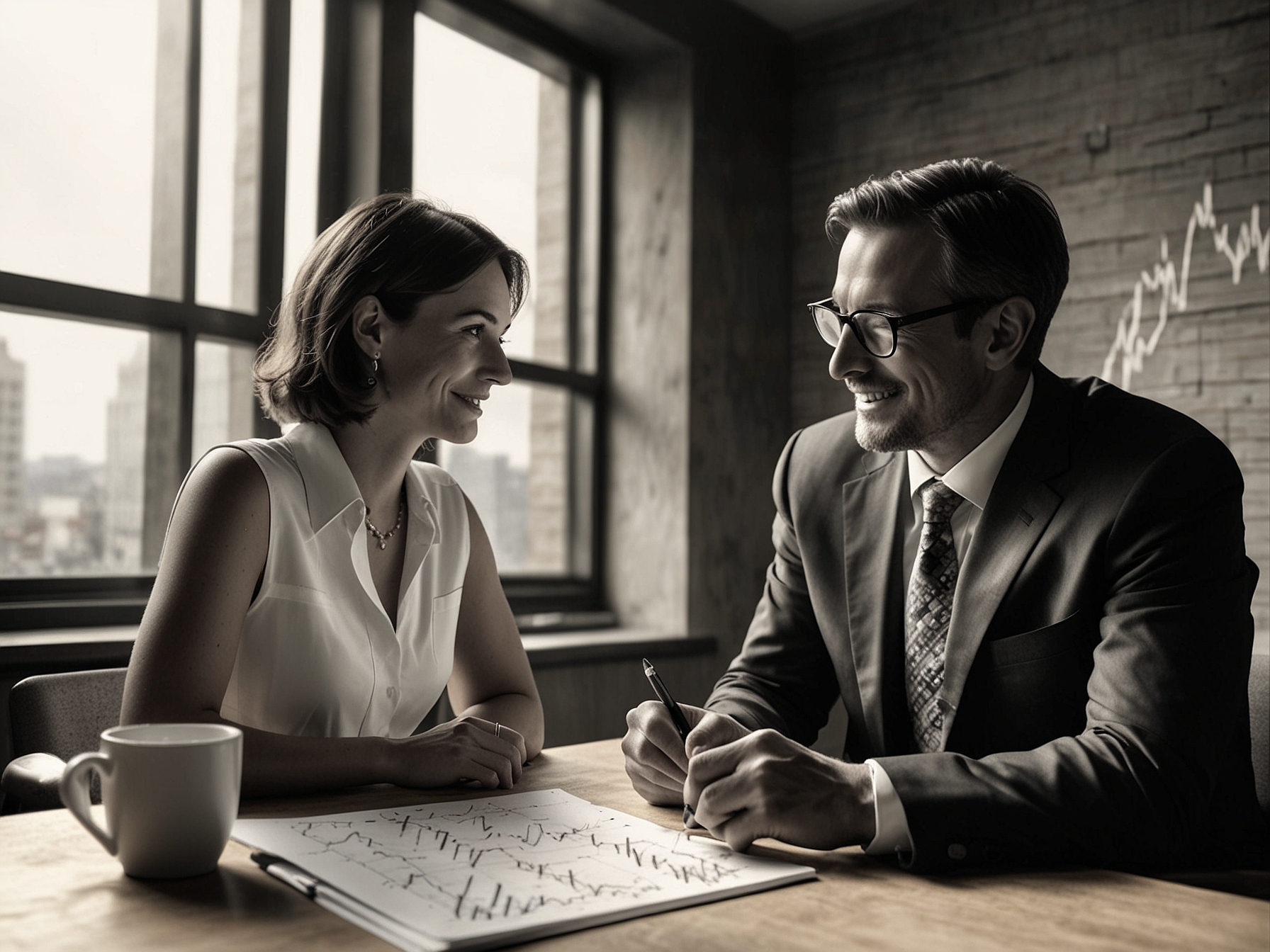 A financial advisor sitting with a couple, discussing strategies using charts and graphs, illustrating a personalized and engaging approach to financial planning.