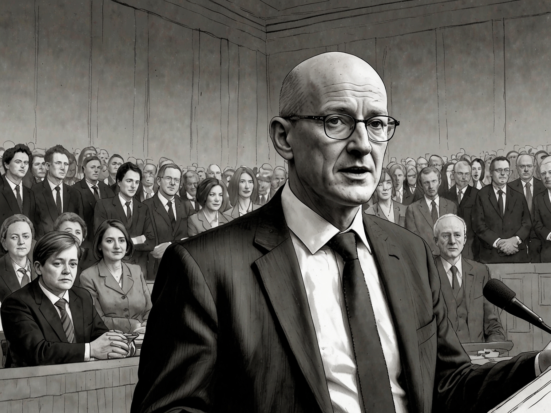 Close-up of John Swinney delivering his speech, embodying the weight of his words as he navigates complexities and calls for unity among the party members in attendance.