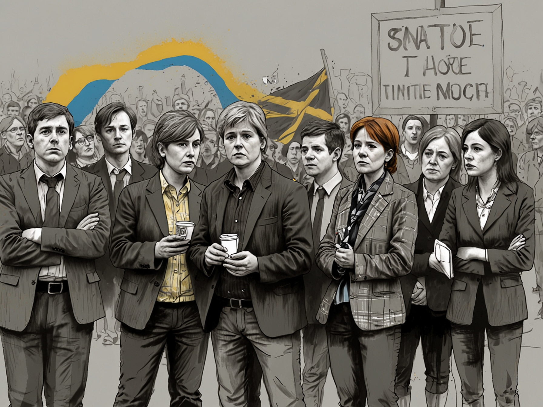 An image of activists contemplating the future of the SNP, capturing the essence of skepticism versus optimism as they reflect on their collective journey toward Scottish independence.