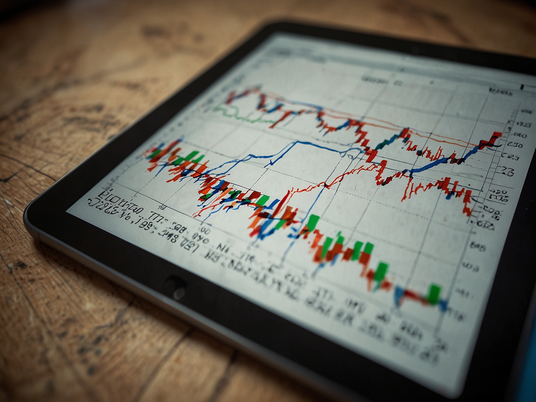 A close-up of stock market graphs on a digital tablet, illustrating the dynamic nature of investing. The graphs show ups and downs, mirroring the investor's portfolio journey.