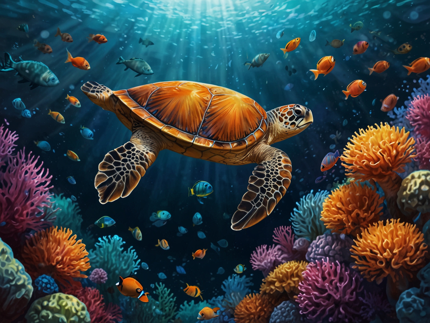 A vibrant underwater scene featuring a majestic sea turtle gliding gracefully among colorful clownfish and swaying anemones, showcasing the beauty of marine life at the aquarium.