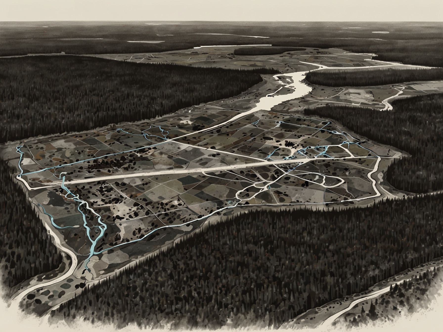 An aerial view of the Dundonald South Nickel Sulphide Deposit area, showcasing its expansive 1,895 hectares of land and its proximity to Timmins, Ontario.
