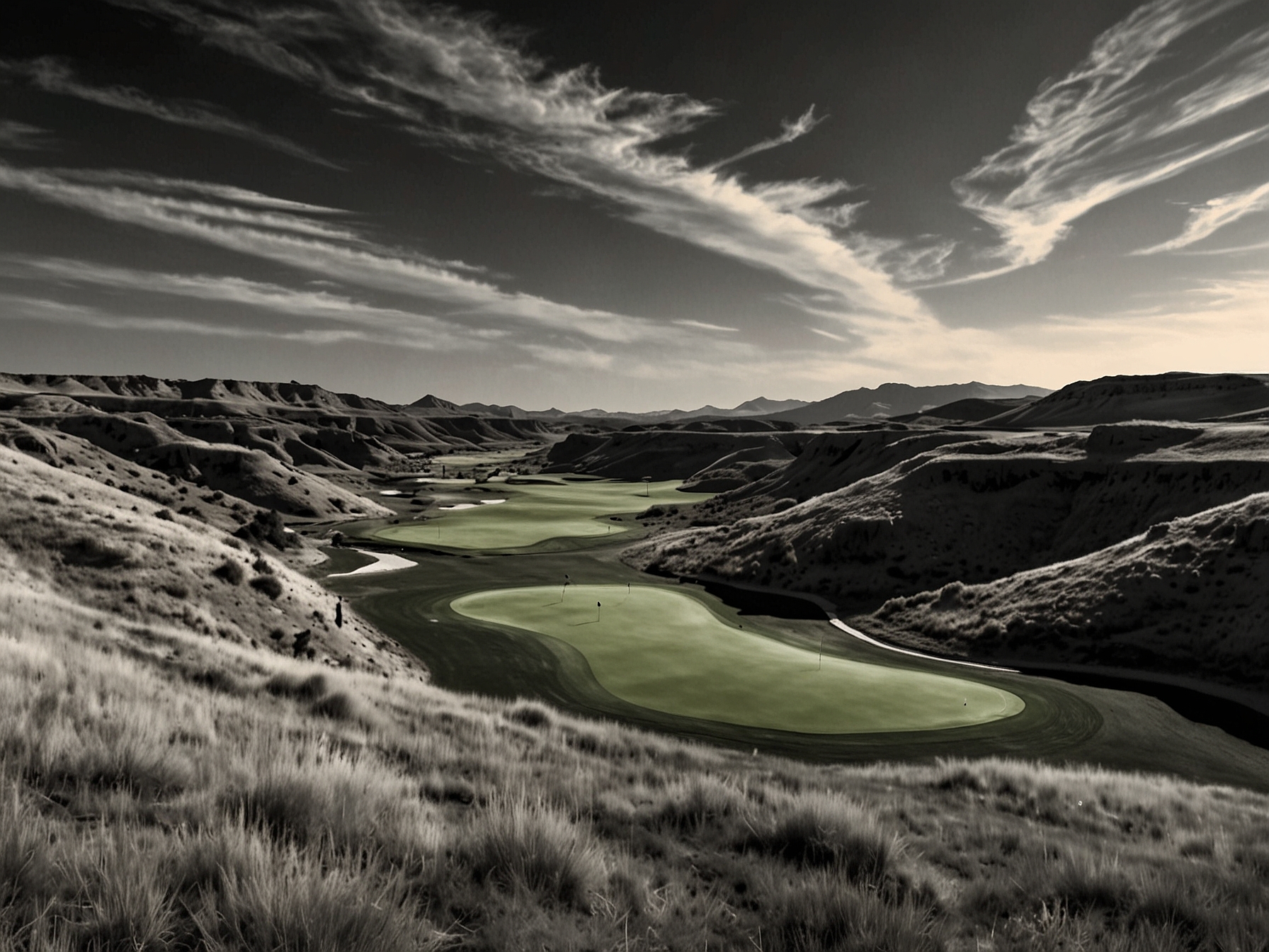 A breathtaking view of the Bully Pulpit Golf Course in Medora, with rolling hills and Badlands creating a striking backdrop for golfers enjoying their afternoon game.