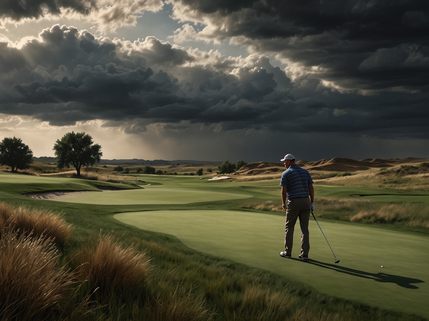 Players at Prairie West Golf Course in Dickinson, surrounded by the contrasting landscape of flatlands and rolling hills, engaging in a spirited round of golf under dynamic weather.