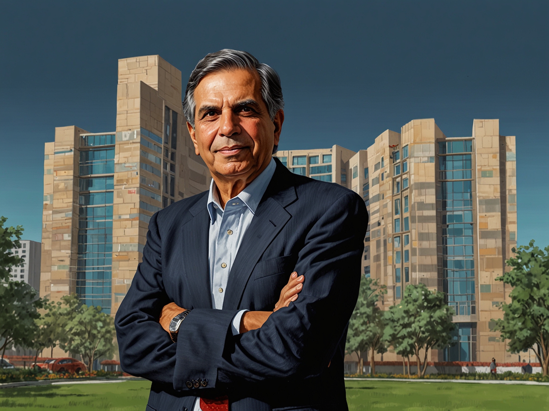 A vibrant image showcasing Ratan Tata standing confidently in front of his company's headquarters, symbolizing visionary leadership and success in the business landscape.
