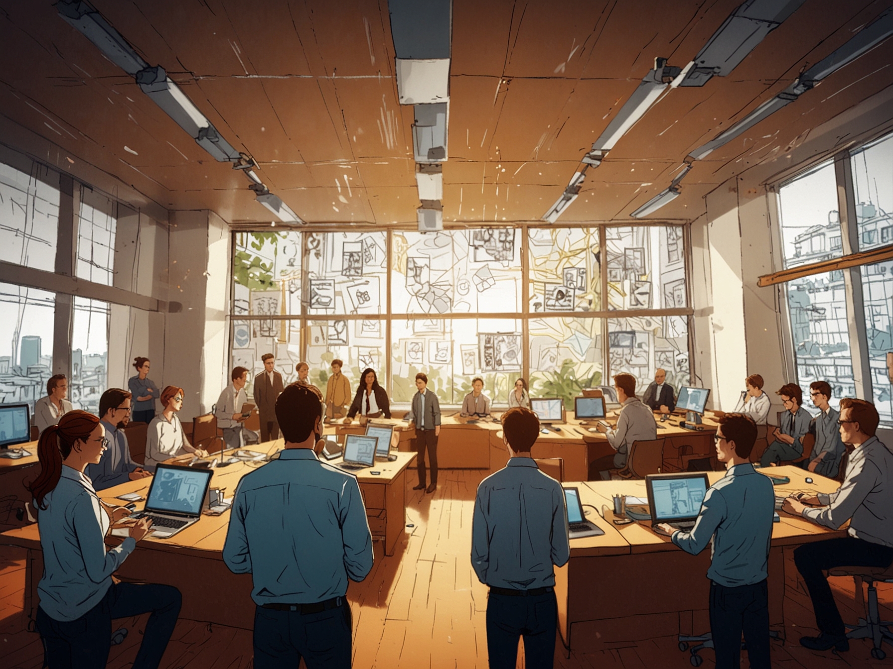 An engaging graphic illustrating a diverse group of employees collaborating on sustainable technology projects, highlighting innovation and the spirit of teamwork in a thriving company.