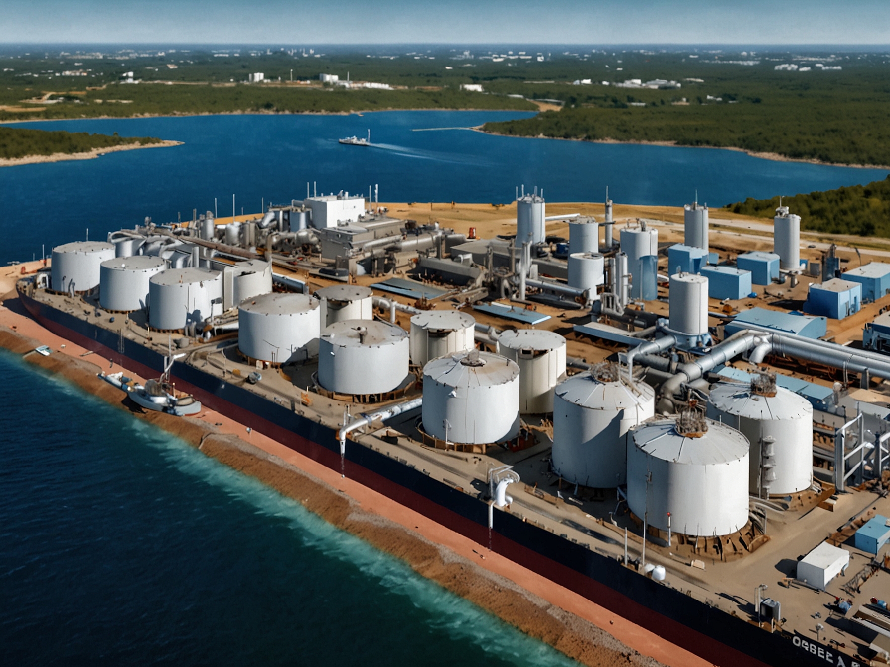 An aerial view of Flex LNG's state-of-the-art facility showing tankers loading liquefied natural gas against a backdrop of clear blue skies, representing growth and innovation in energy.