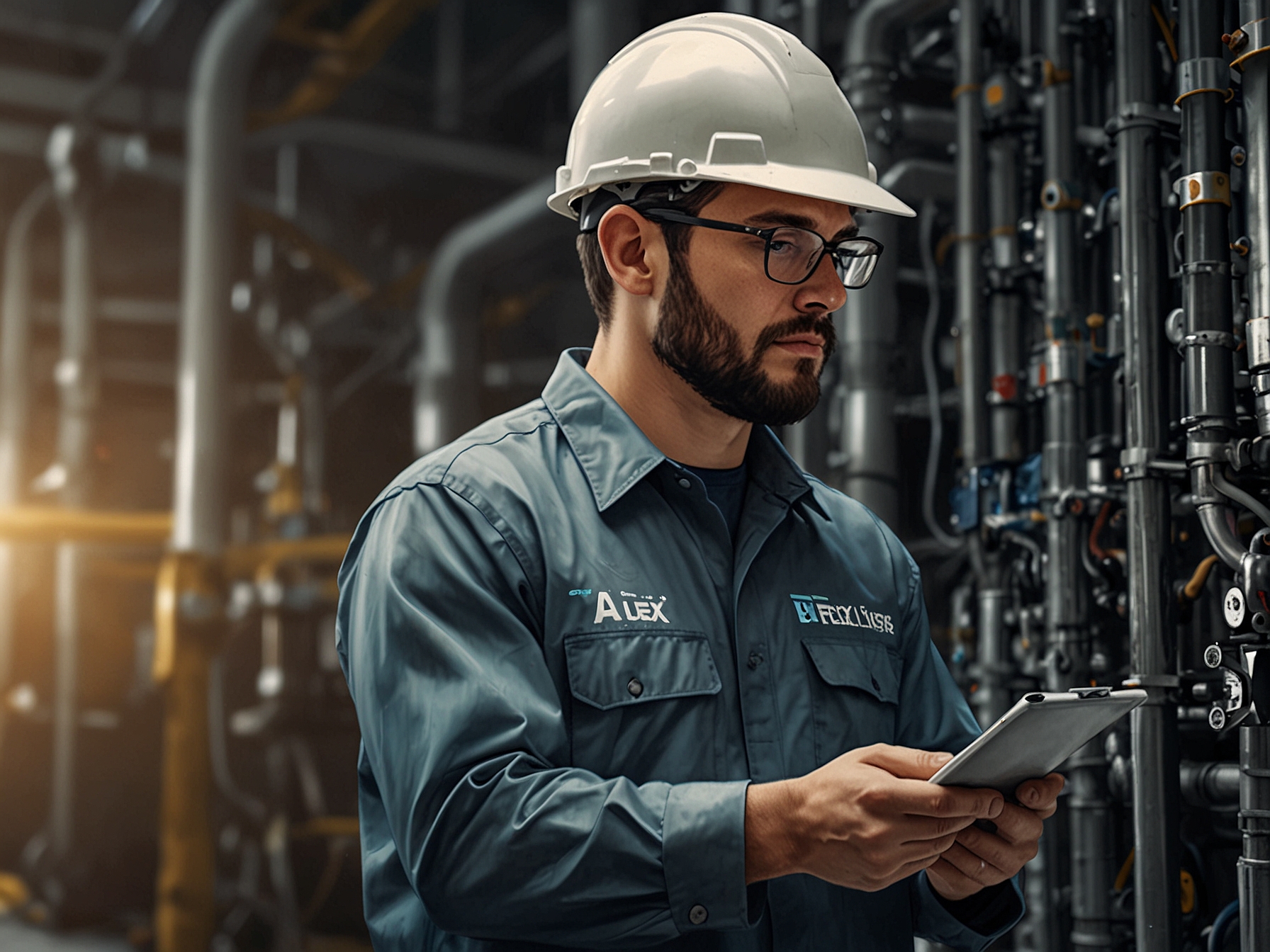 A close-up shot of a Flex LNG employee working with advanced technology, highlighting the company's commitment to operational efficiency and sustainability in the energy transition.