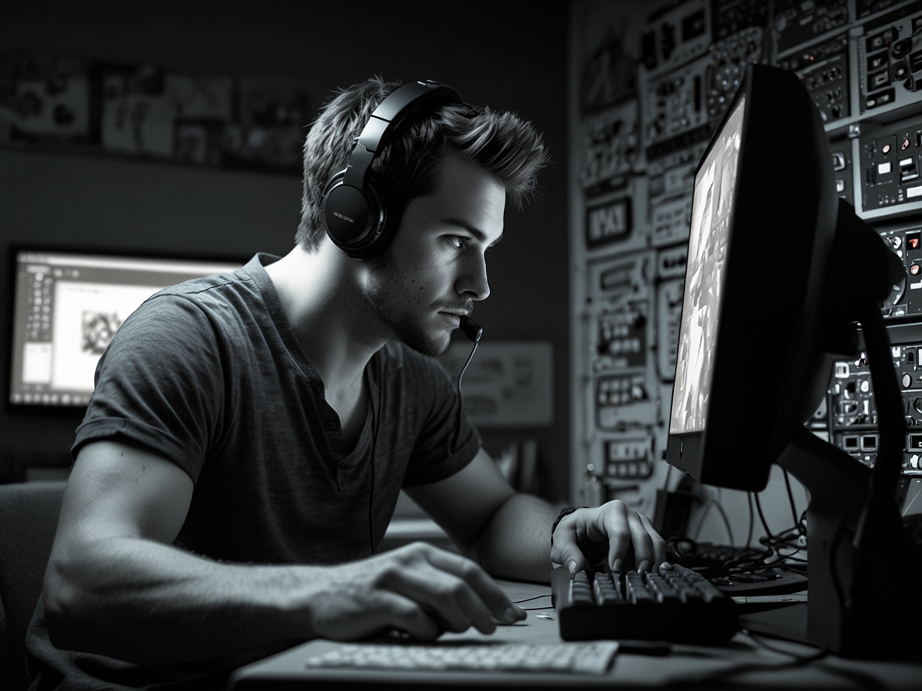 A gamer at their desktop, exploring the 'Please Shut Up' mod interface, illustrating the evolving landscape of personalized gameplay experiences in modern gaming.