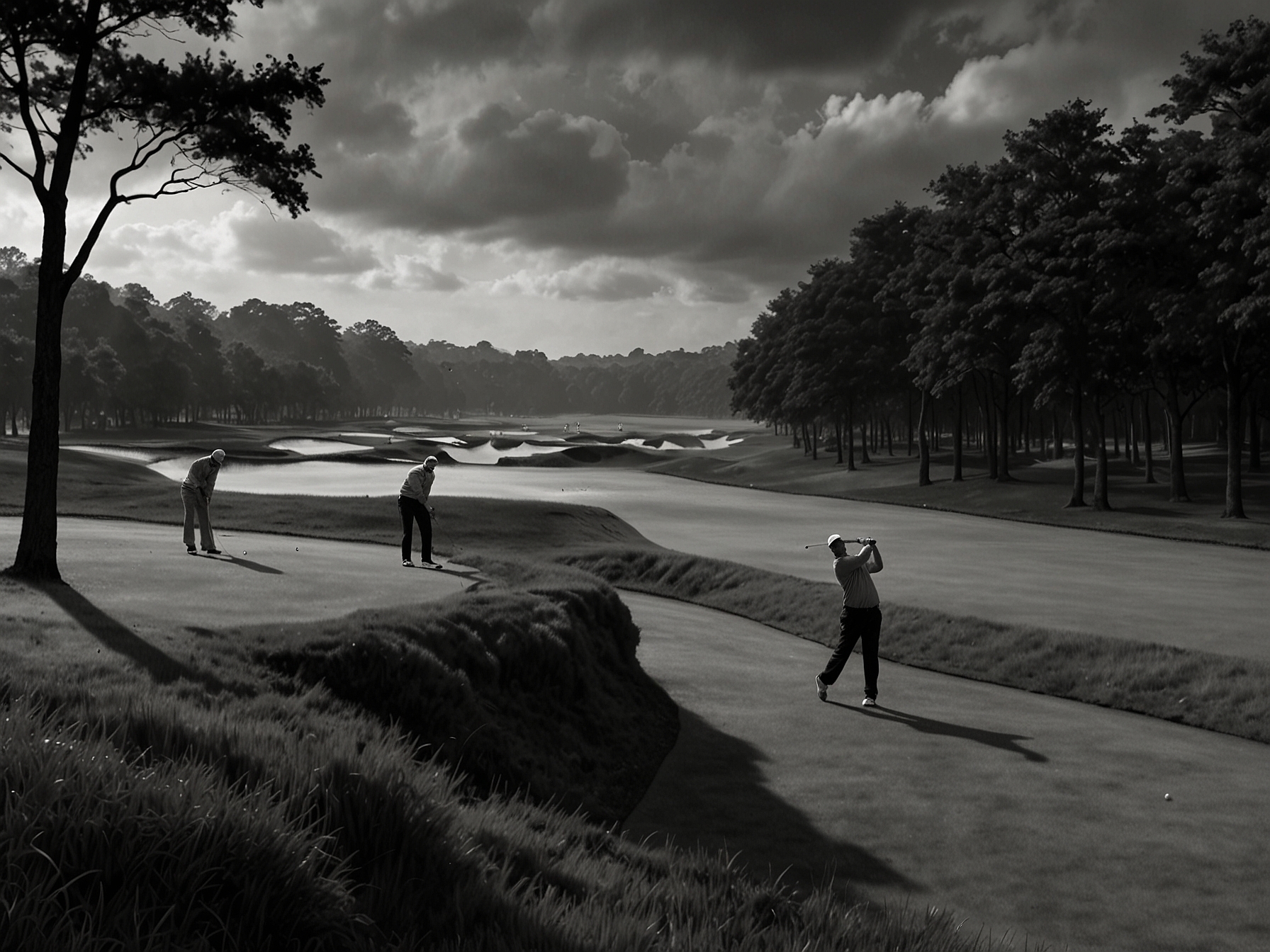A dramatic shot of golfers battling the elements at Bethpage Black, illustrating the tough conditions and their resilience during the Ryder Cup competition.