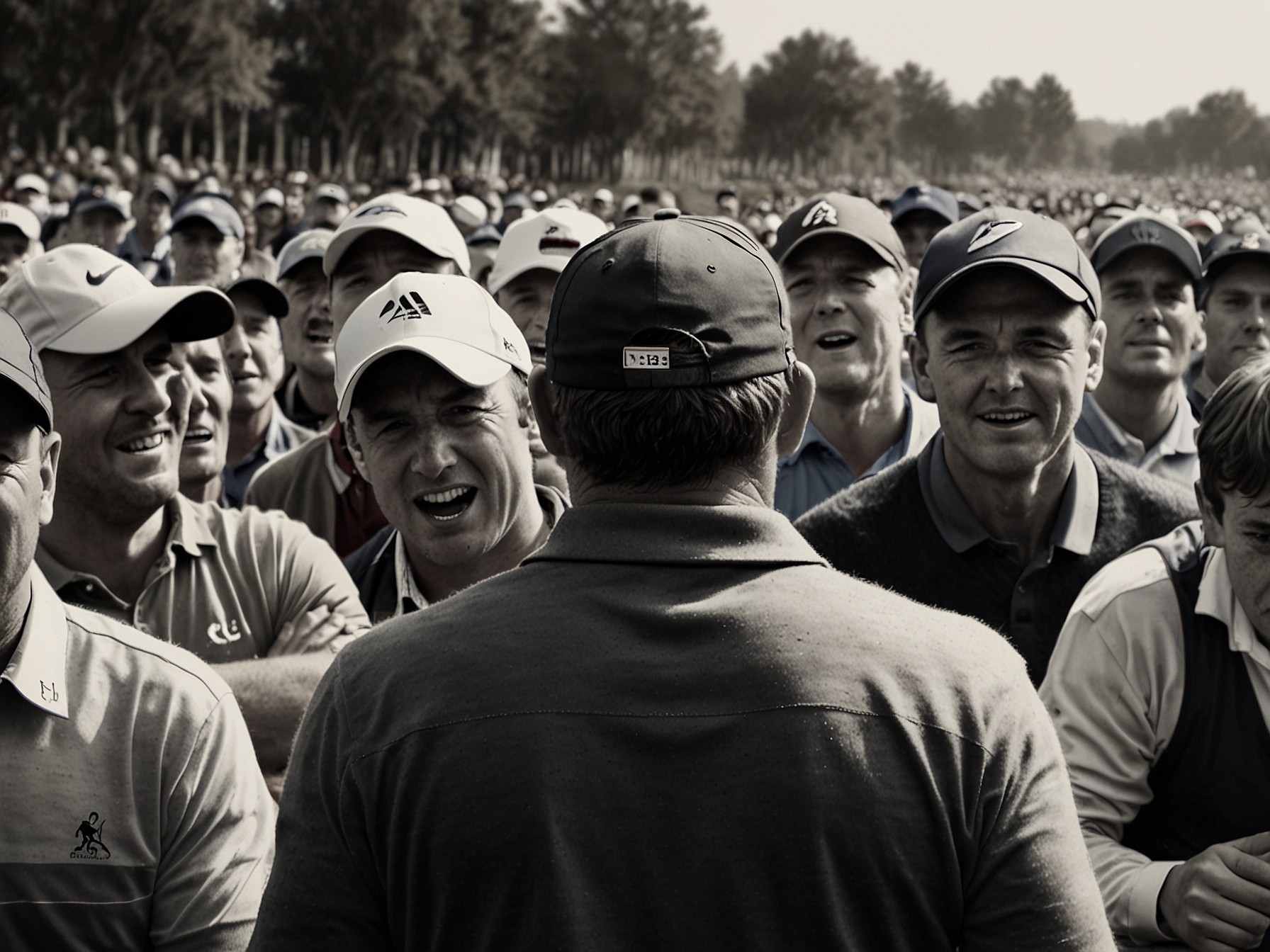 A close-up of an intense moment during the Ryder Cup, capturing the emotional connection of players and the crowd as they react to a crucial putt.