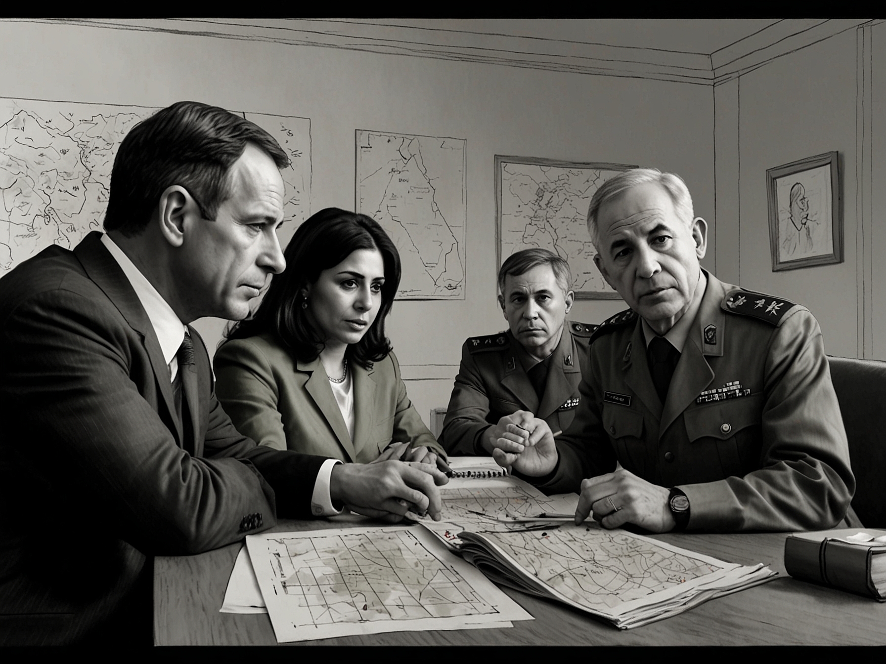 A tense military meeting in Israel, showcasing officials discussing strategies against perceived Iranian threats amidst maps and intelligence reports.