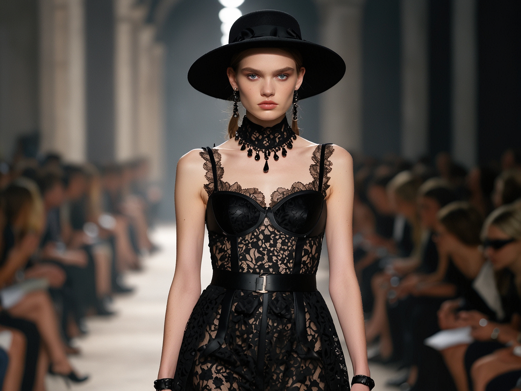 A model walks the runway in UNDERCOVER's SS25 collection, showcasing a striking blend of lace and leather, embodying both elegance and rebellion in her attire.