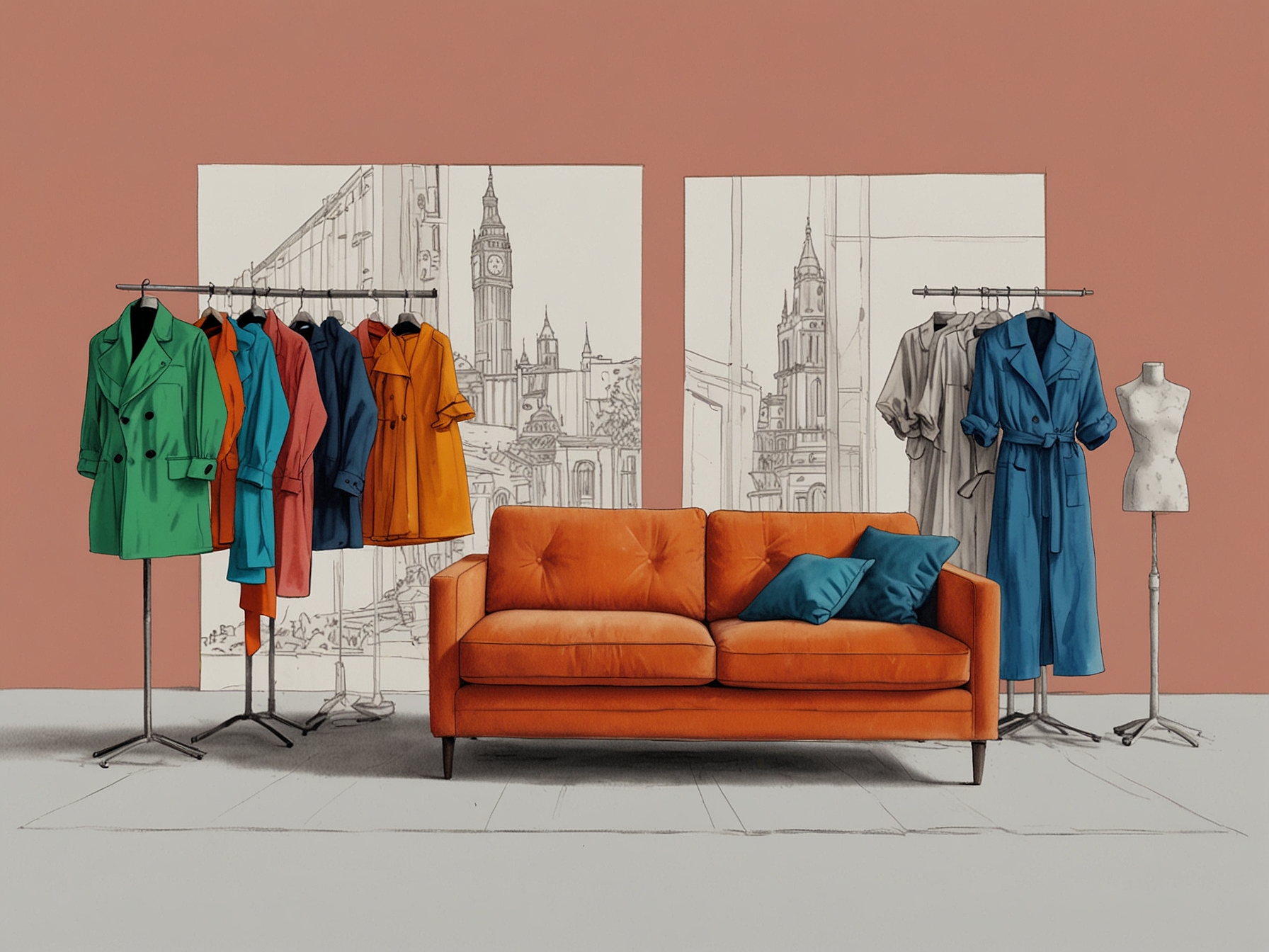 The set design features vibrant colors that contrast with minimalist clothing, highlighting the collection's duality and inviting viewers to explore their fashion identities.