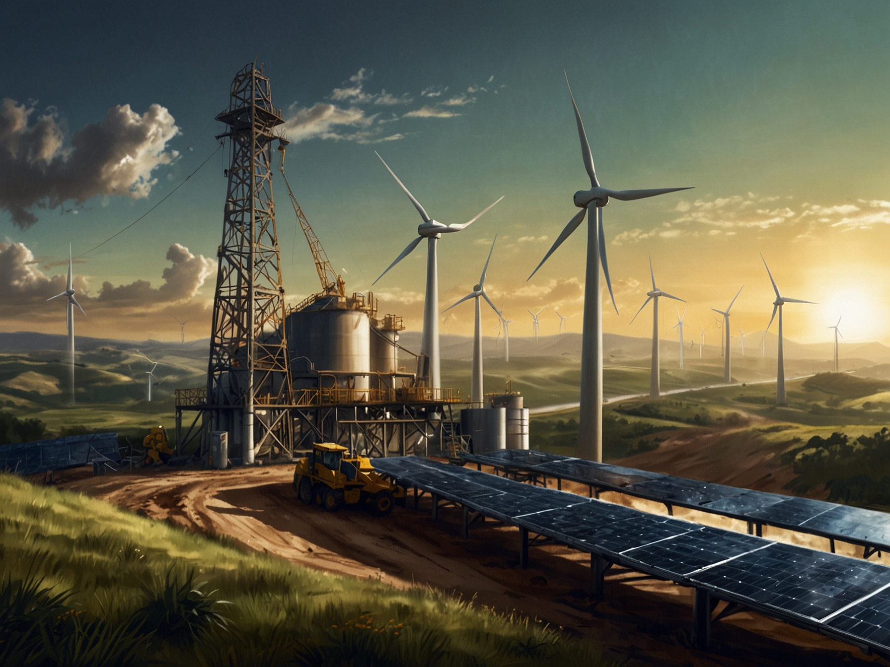 A visual representation of Petrobras' dual focus: traditional oil extraction alongside modern renewable energy projects like wind farms and solar panels.