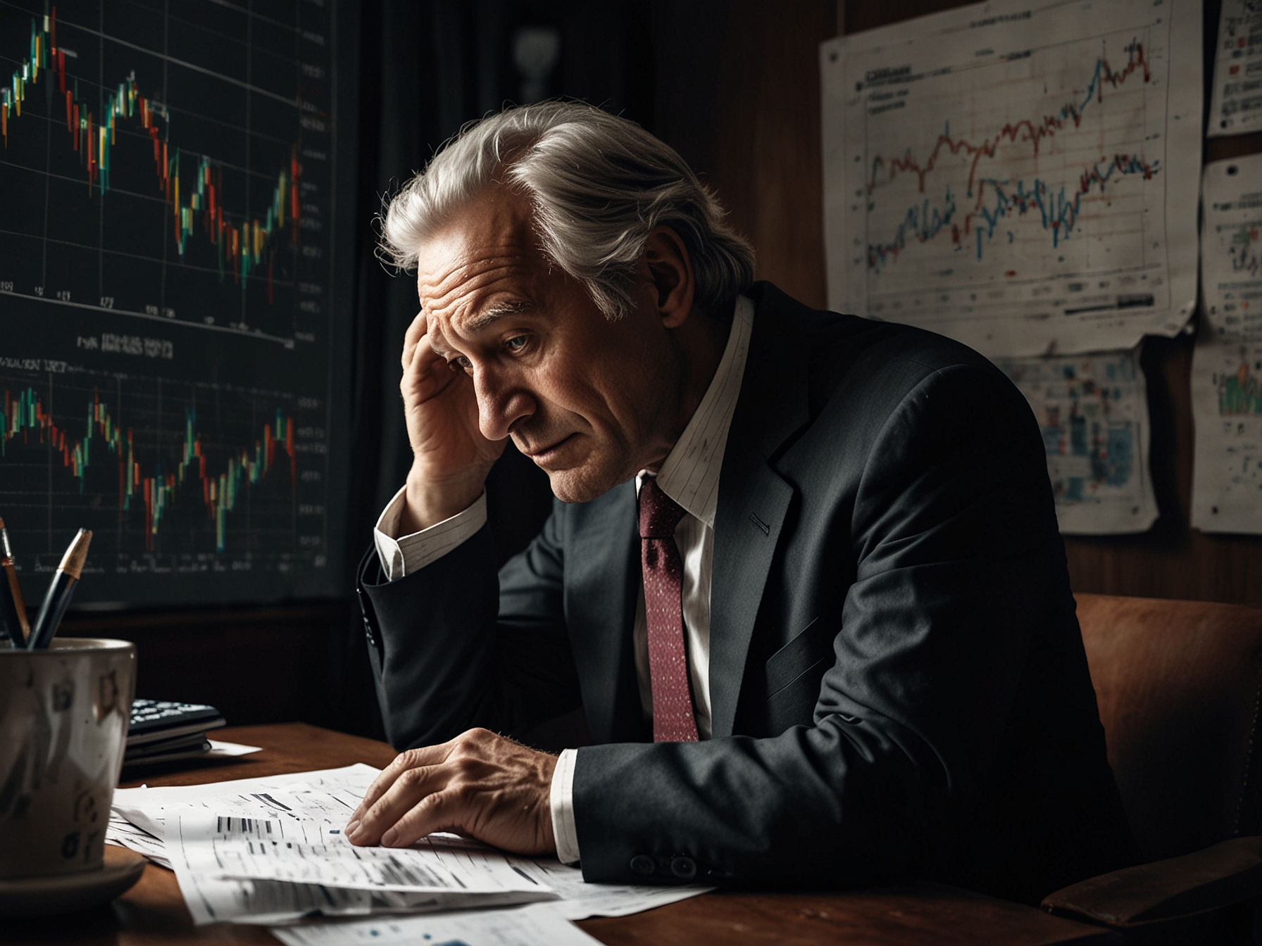 A distressed investor sits at a desk littered with financial reports, staring at a plummeting stock chart of Kudelski, reflecting the emotional toll of significant investment losses.