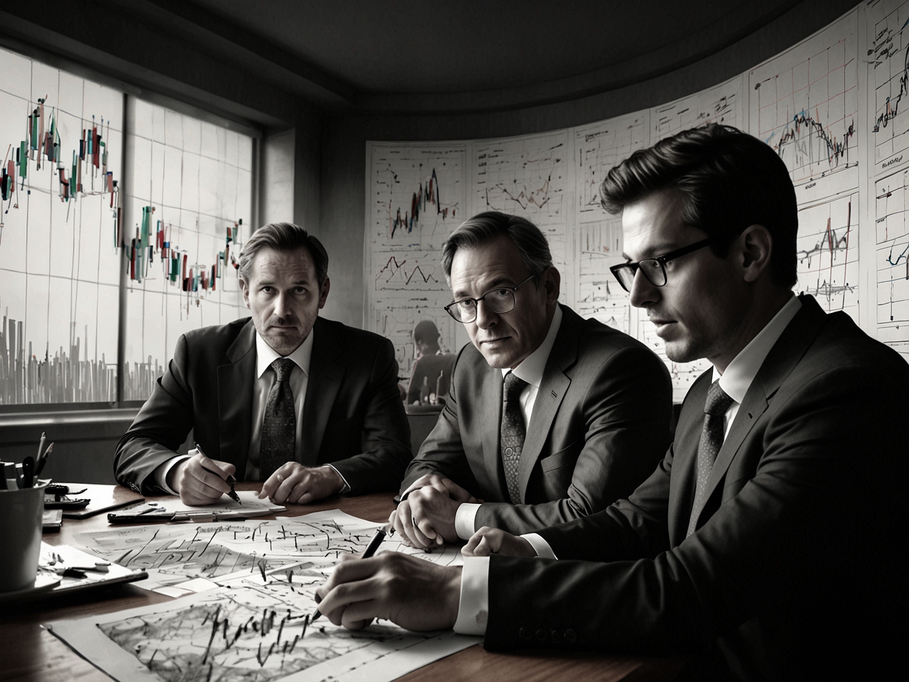 A group of diverse investors gathers around a table, engaged in discussion, analyzing charts and market trends, symbolizing the importance of strategy and awareness in volatile times.