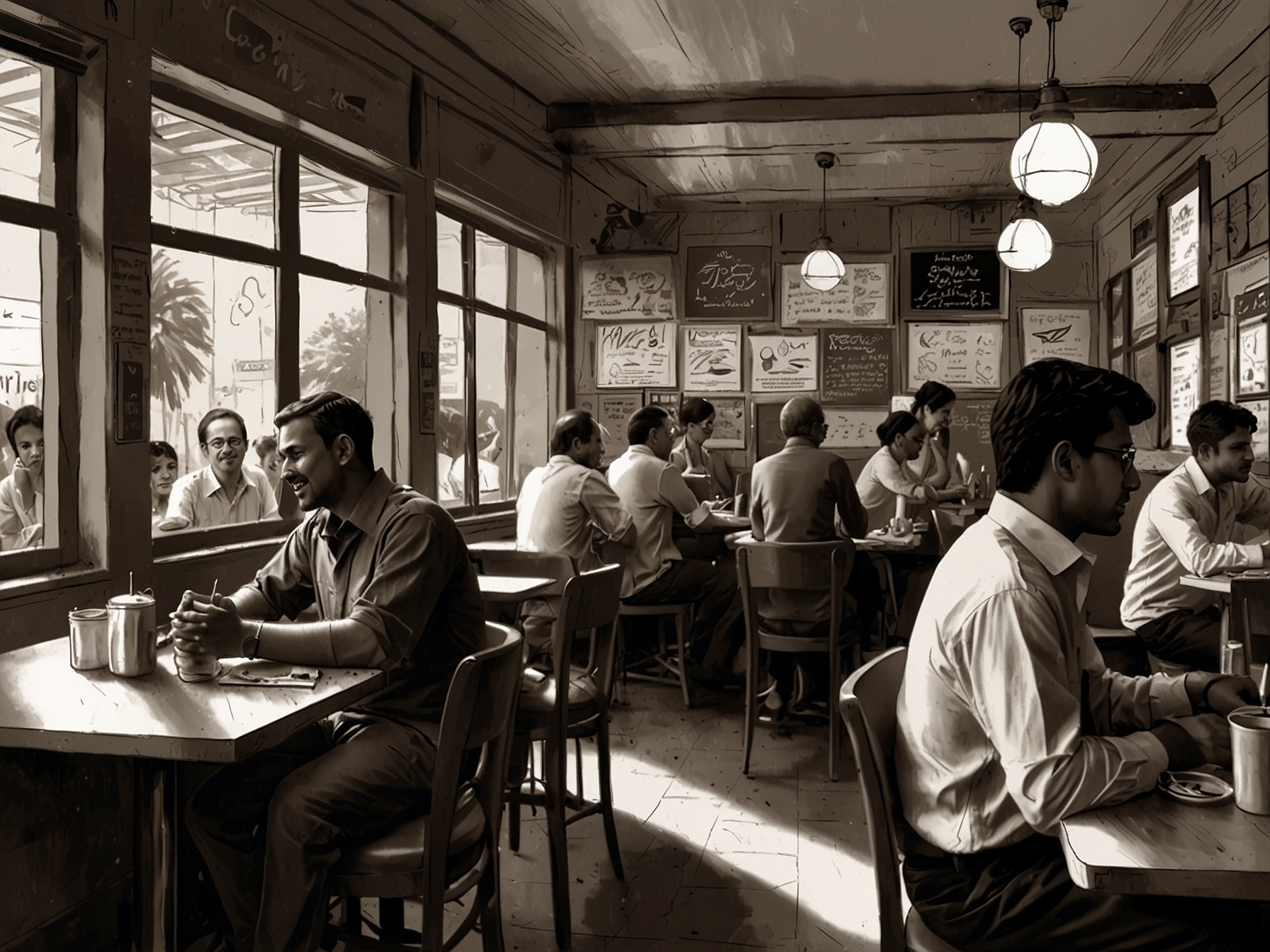 A bustling café in Mumbai with customers enjoying their time, representing the once-thriving services sector before the recent downturn in consumer spending.
