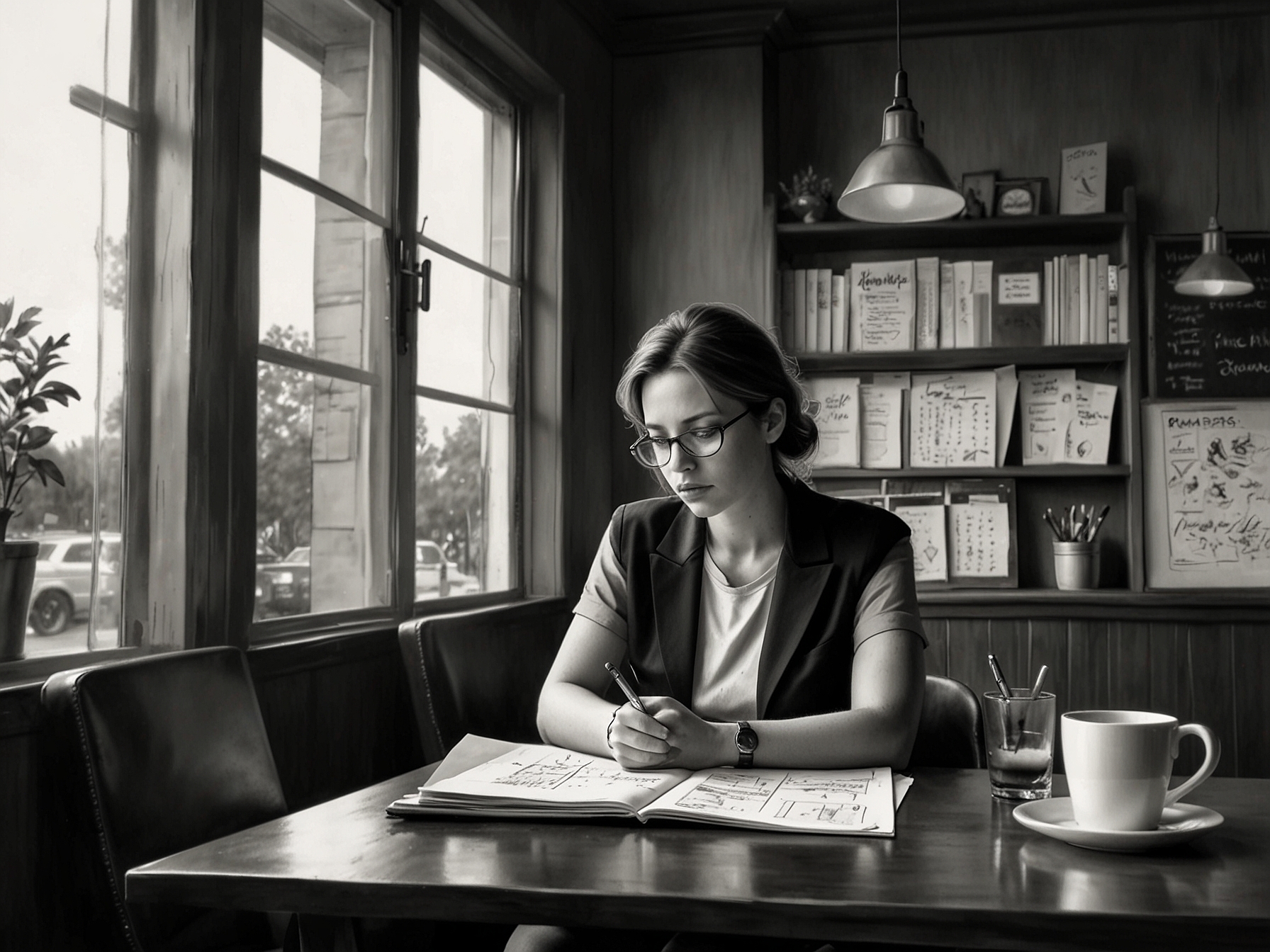 A worried small business owner reviewing financial reports in a quiet café, reflecting the concerns in the services industry as the PMI signals a drop in economic activity.