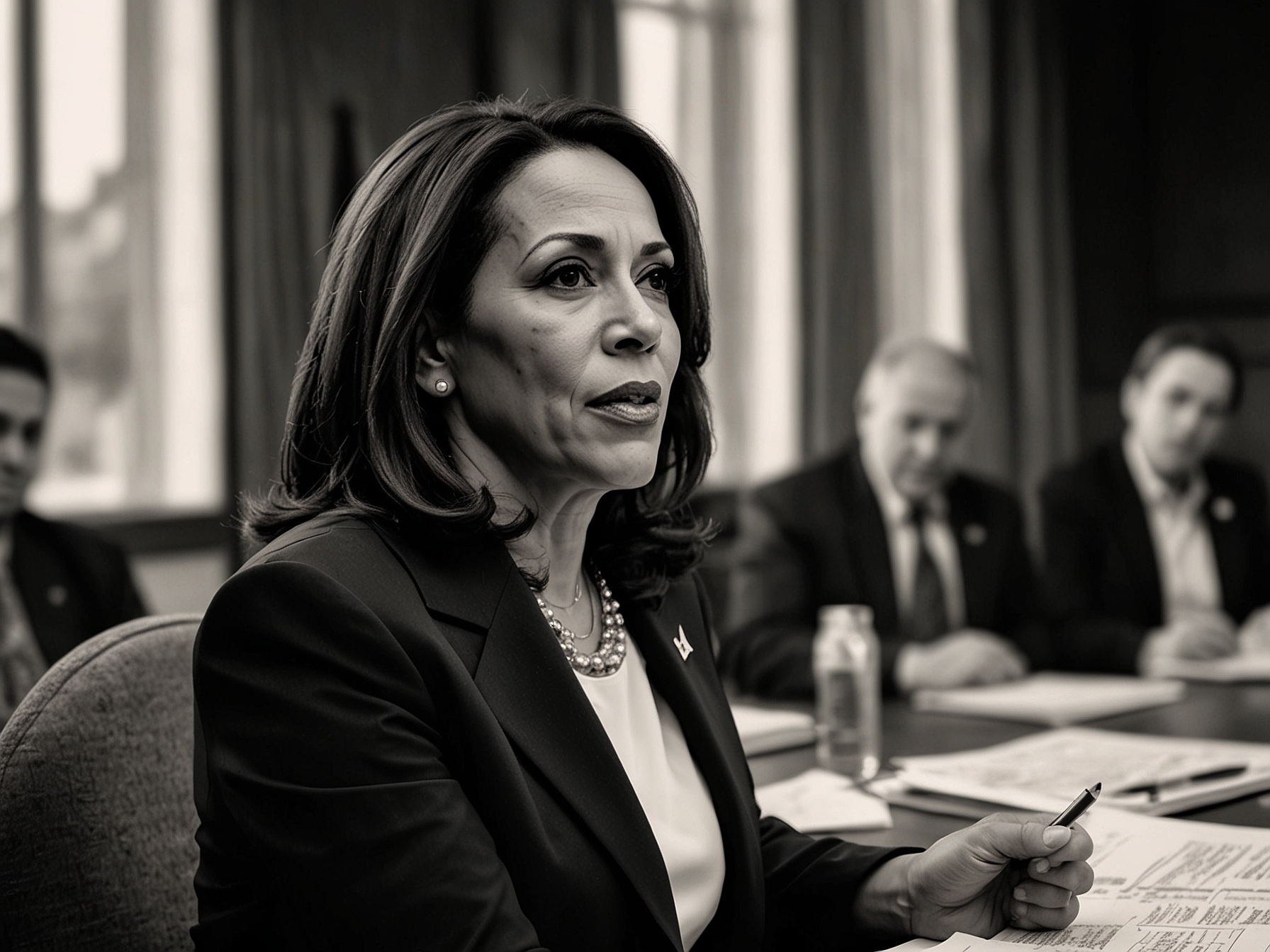 Vice President Kamala Harris listens intently as Muslim and Arab American community leaders express their concerns during a meeting in Flint, Michigan.
