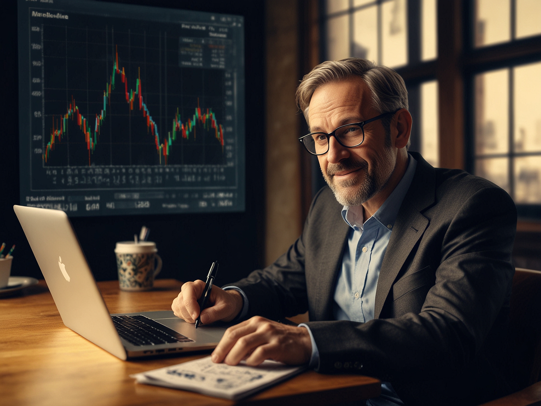 An excited individual reviewing their finances on a laptop, displaying graphs of fluctuating money market interest rates, symbolizing opportunities for better savings.