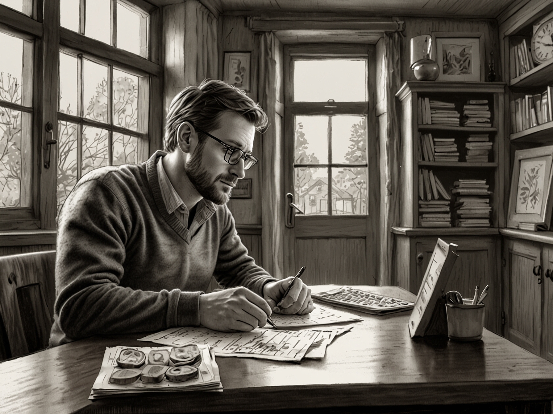 A thoughtful person in a cozy setting, comparing traditional savings accounts with money market options, illustrating the decision-making process in personal finance.